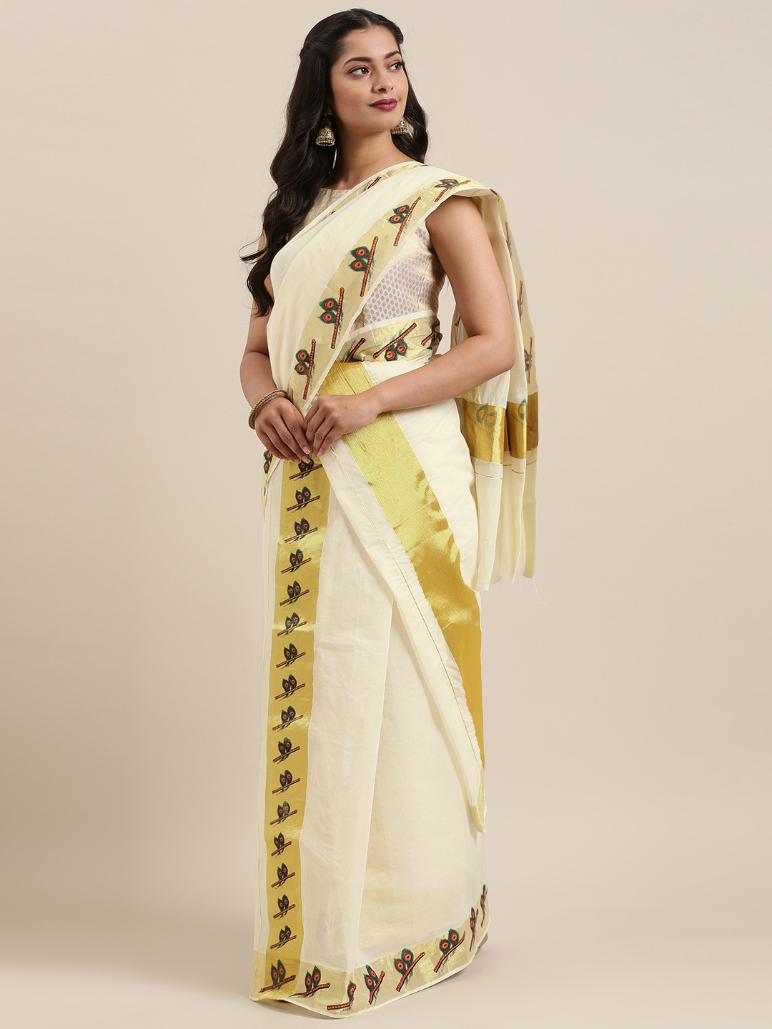 

Mitera Off-White & Gold-Toned Pure Cotton Woven Design Kasavu Mundu Saree