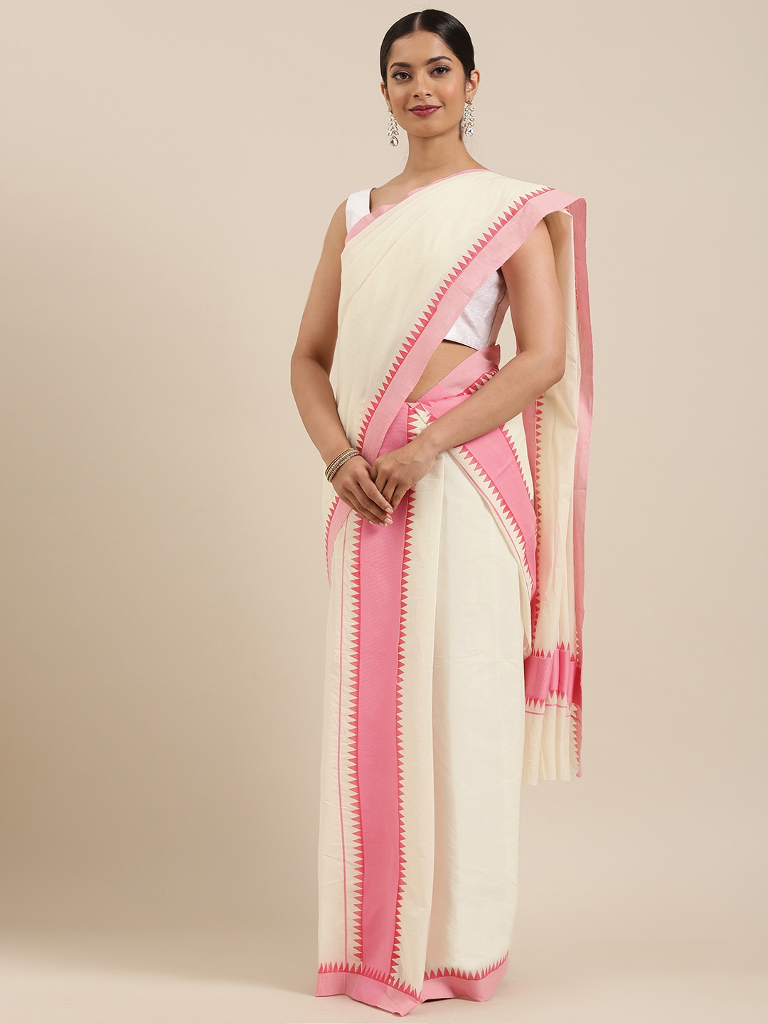 

Mitera Off-White Pure Cotton Solid Kasavu Set Mundu Saree