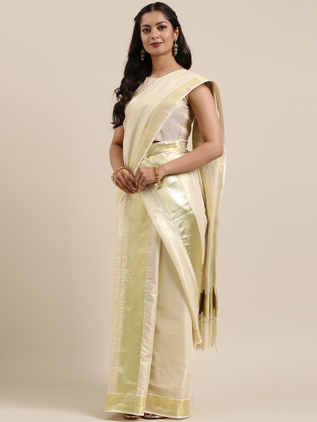 

Mitera Off-White Pure Cotton Solid Kasavu Set Mundu Saree