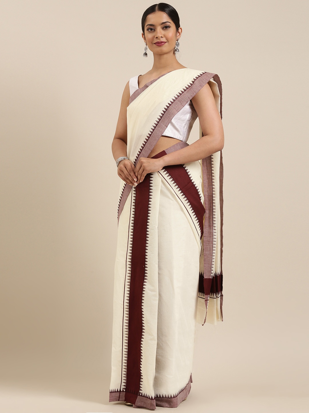 

Mitera Off-White Pure Cotton Solid Kasavu Set Mundu Saree