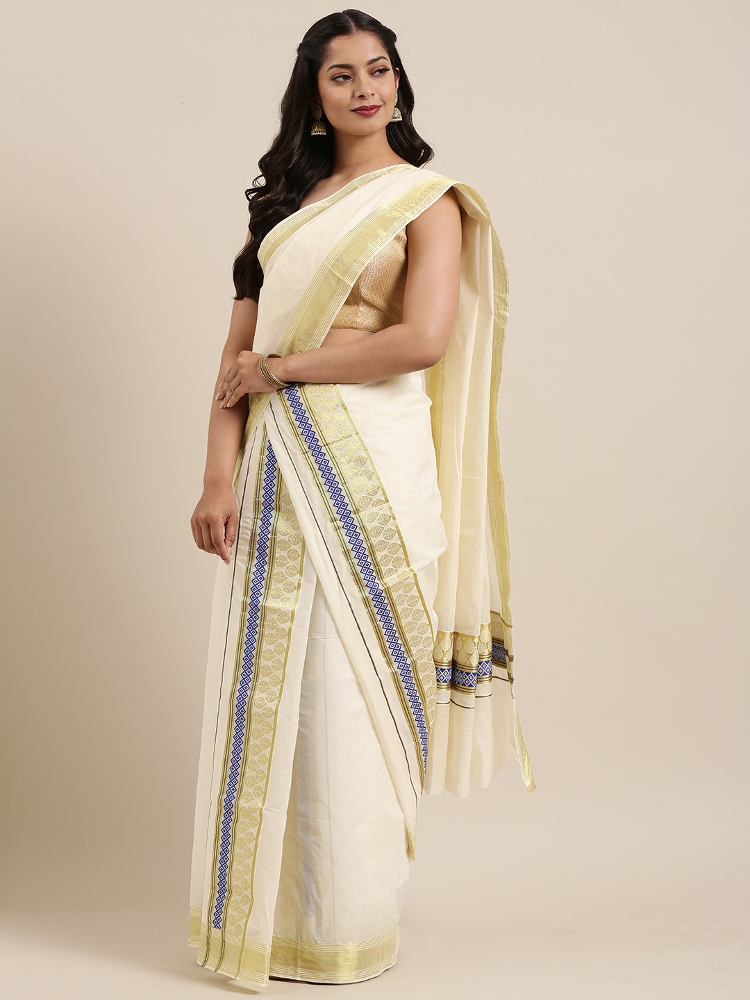 

Mitera Off-White Pure Cotton Solid Kasavu Set Mundu Saree