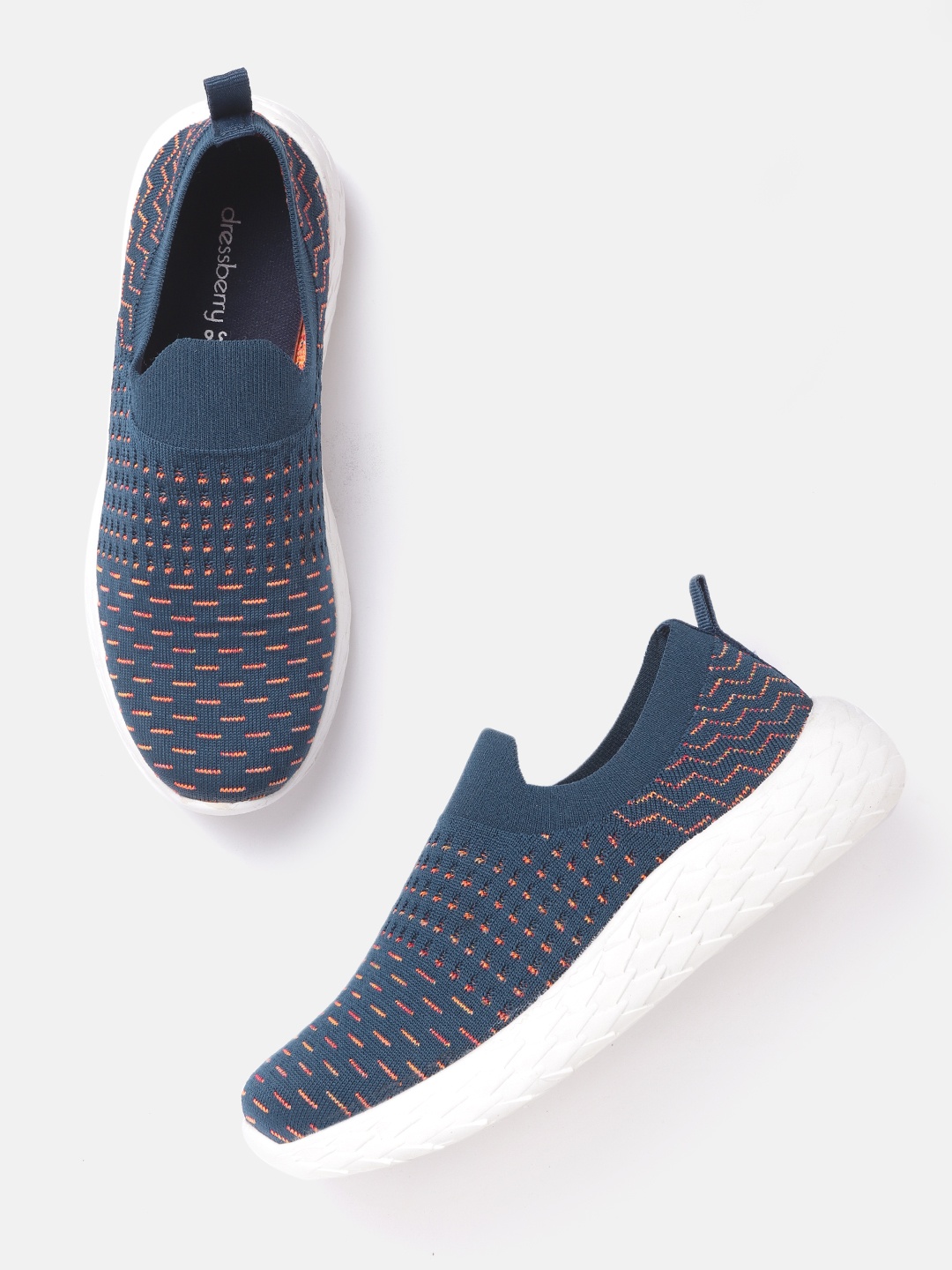 

DressBerry Women Teal Blue & Coral Orange Woven Design Slip-On Sneakers