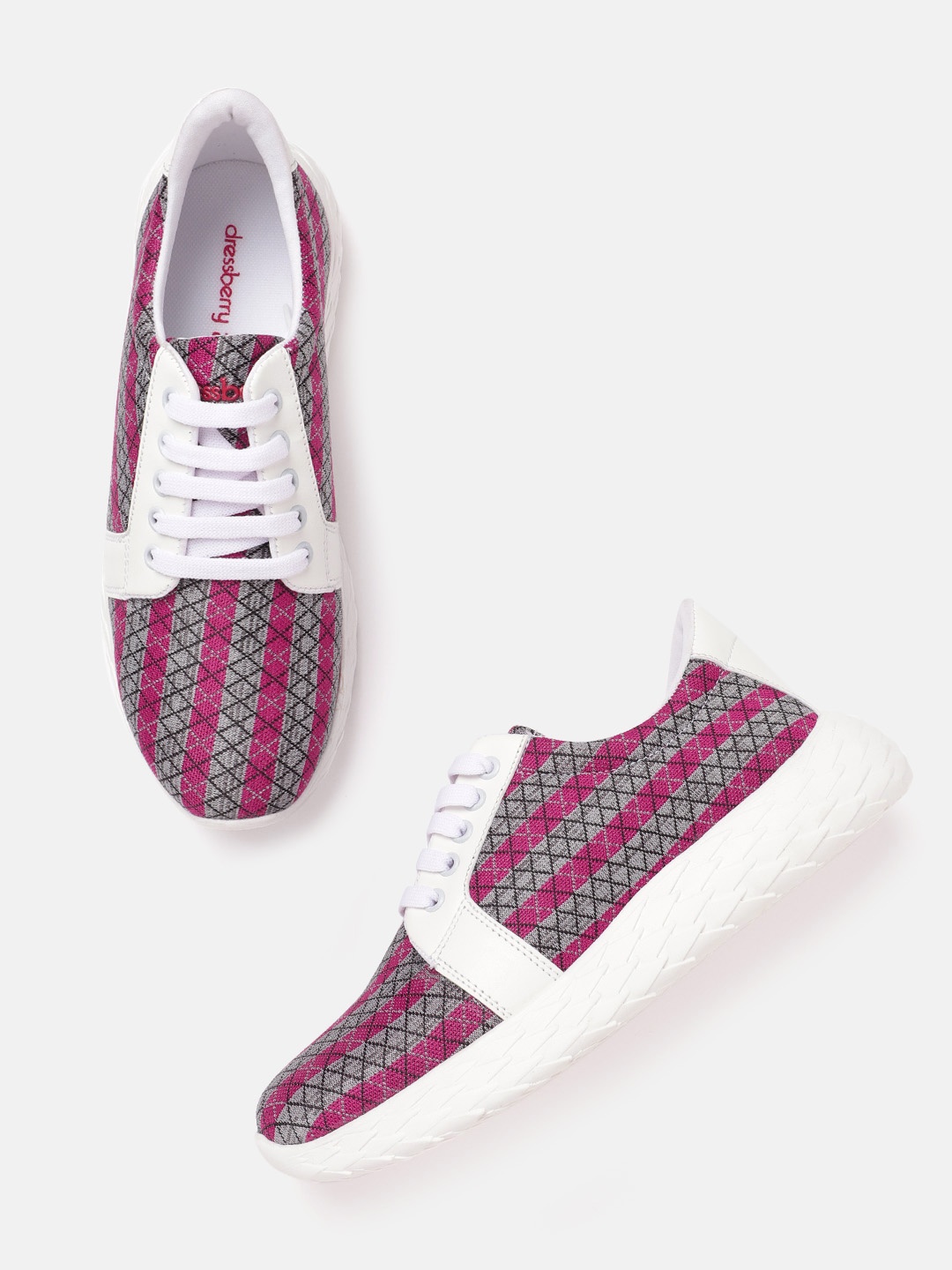

DressBerry Women Grey & Fuchsia Pink Self-Striped Sneakers