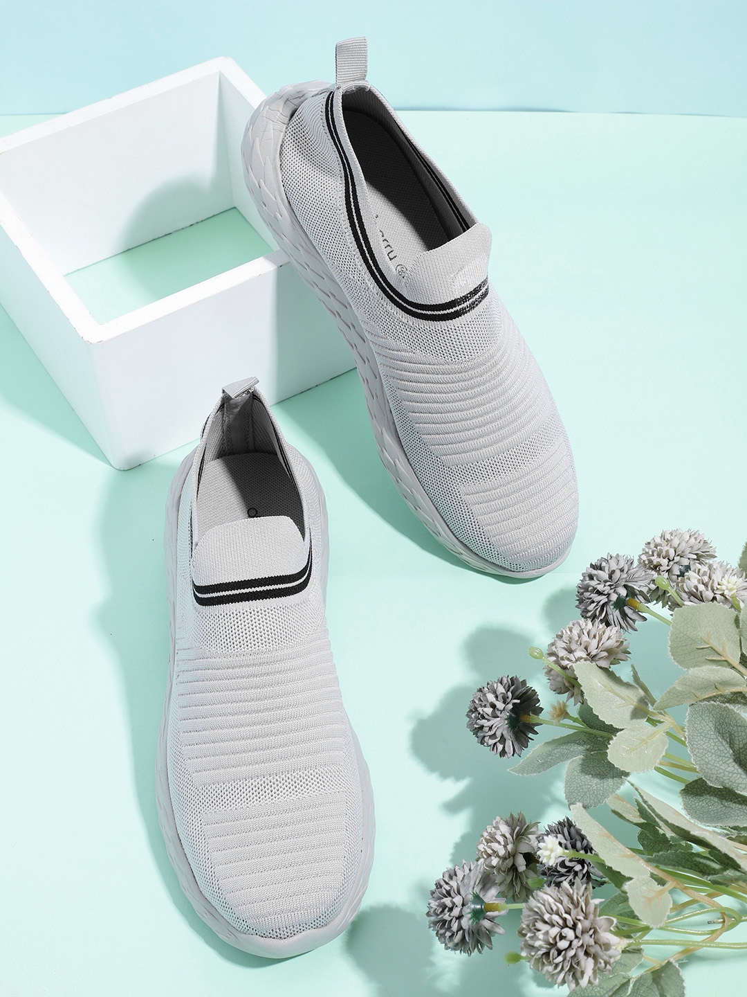 

DressBerry Women Grey Self-Striped Knitted Slip-On Sneakers