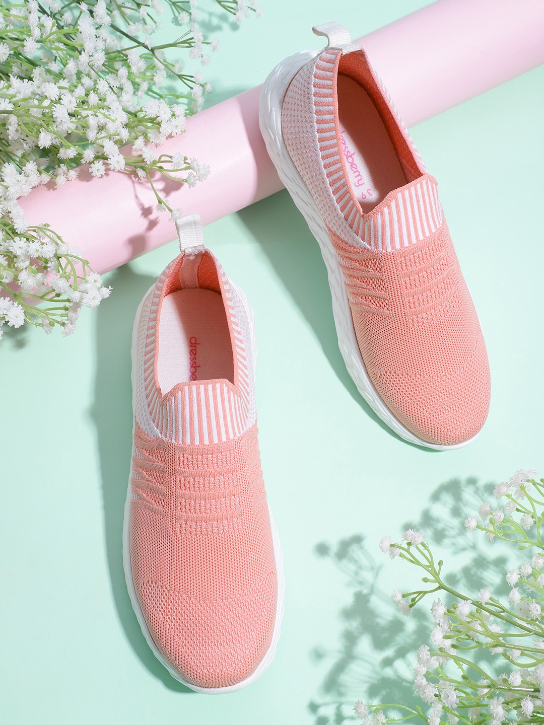 

DressBerry Women Peach-Coloured & White Woven Design Slip-On Sneakers