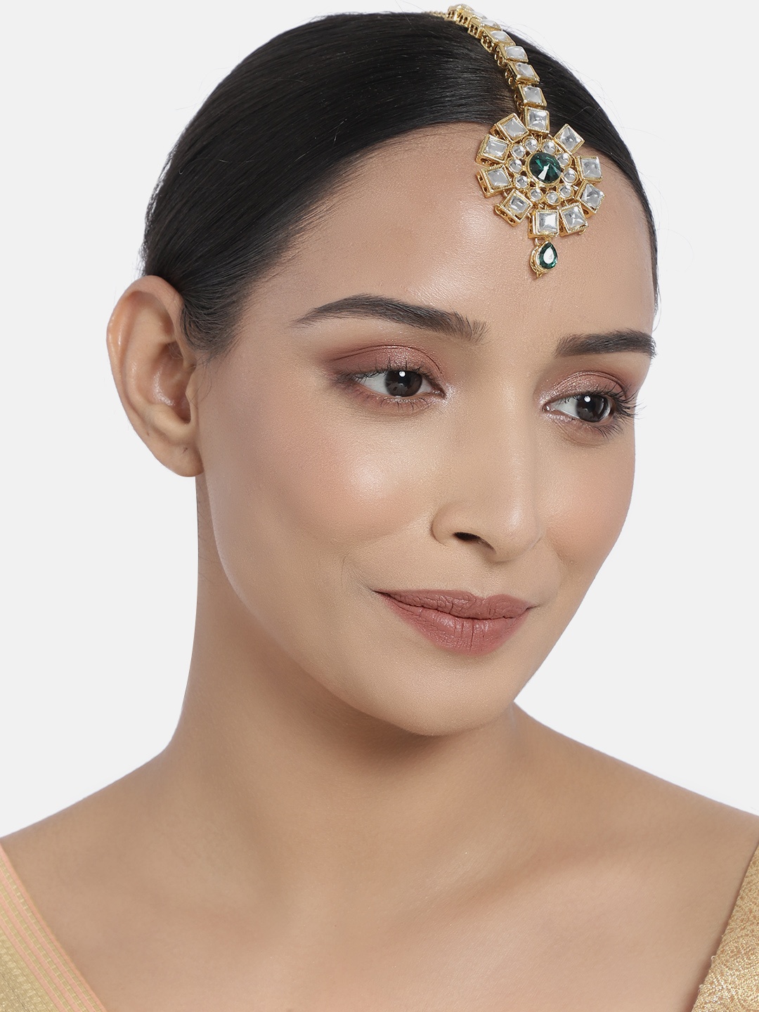 

I Jewels Green & White Gold-Plated Kundan-Studded Handcrafted Maangtikka