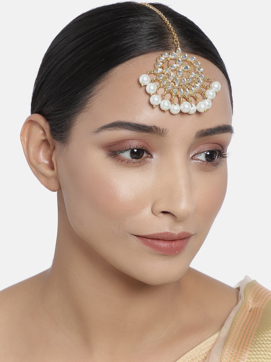 

I Jewels Gold-Plated White Handcrafted Kundan & Faux Pearl Maang Tikka
