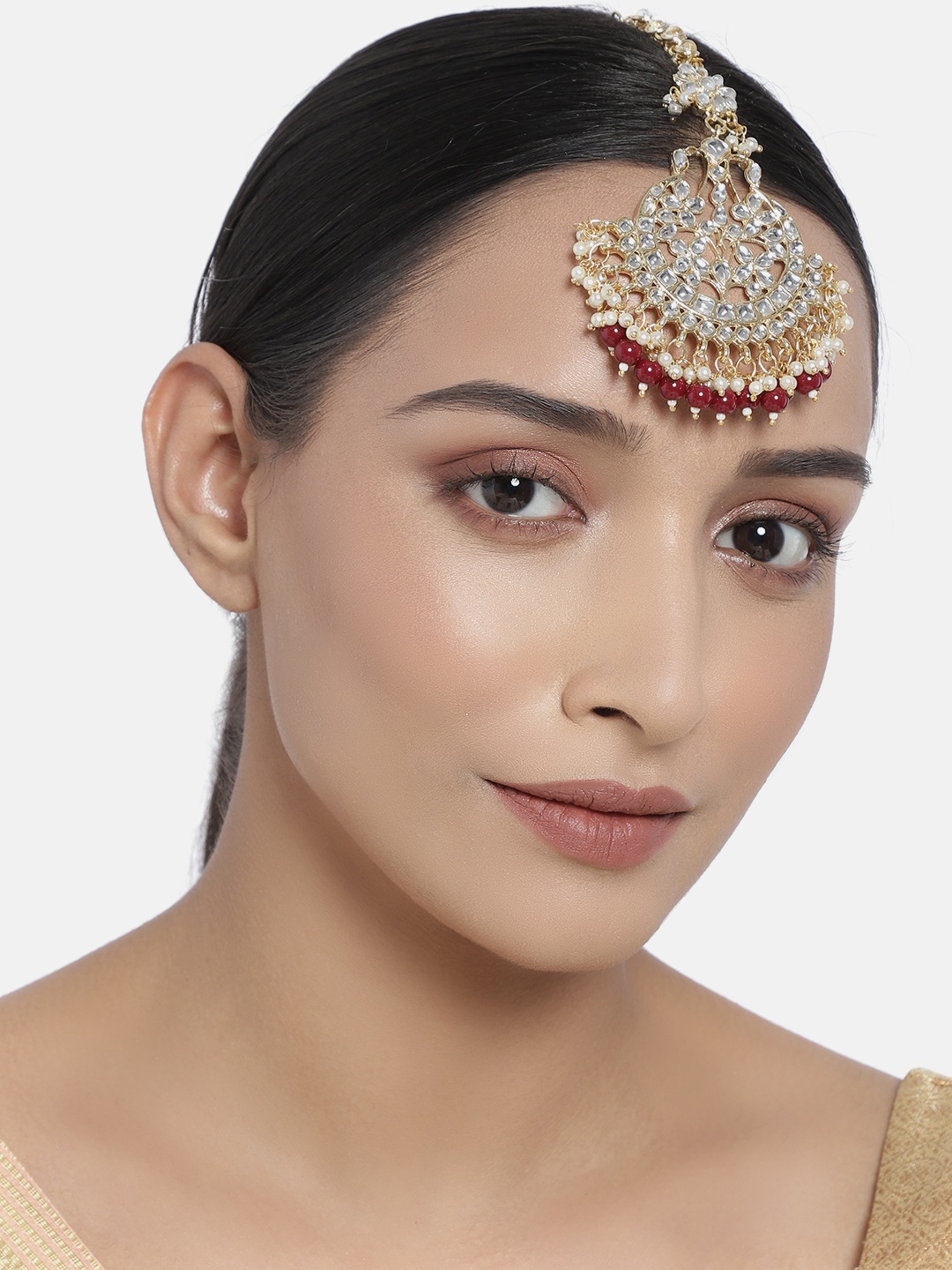 

I Jewels Gold-Plated & Maroon Kundan & Pearl Studded Handcrafted Maang Tika