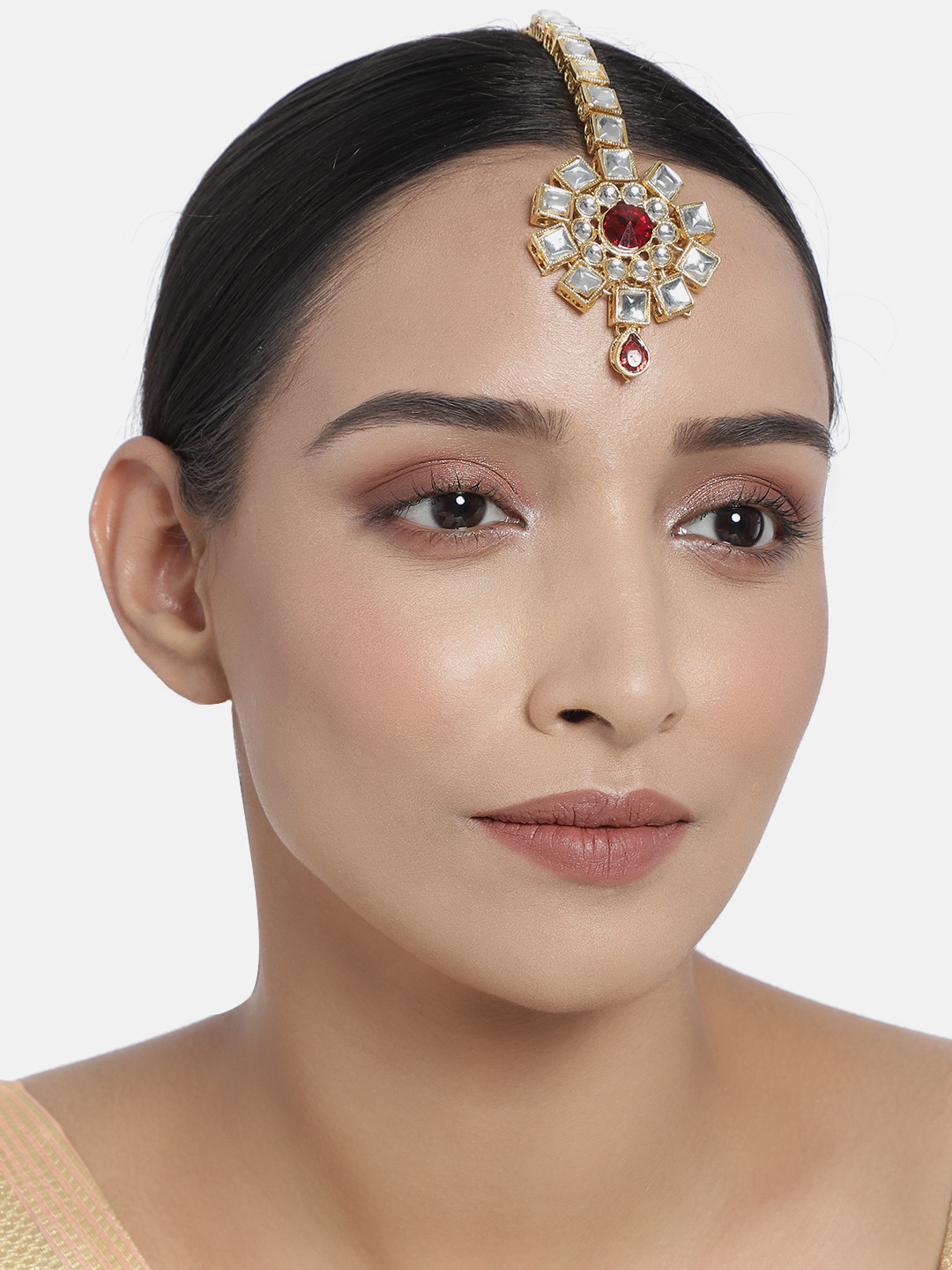 

I Jewels Gold-Plated & Maroon Kundan Studded Handcrafted Maang Tika