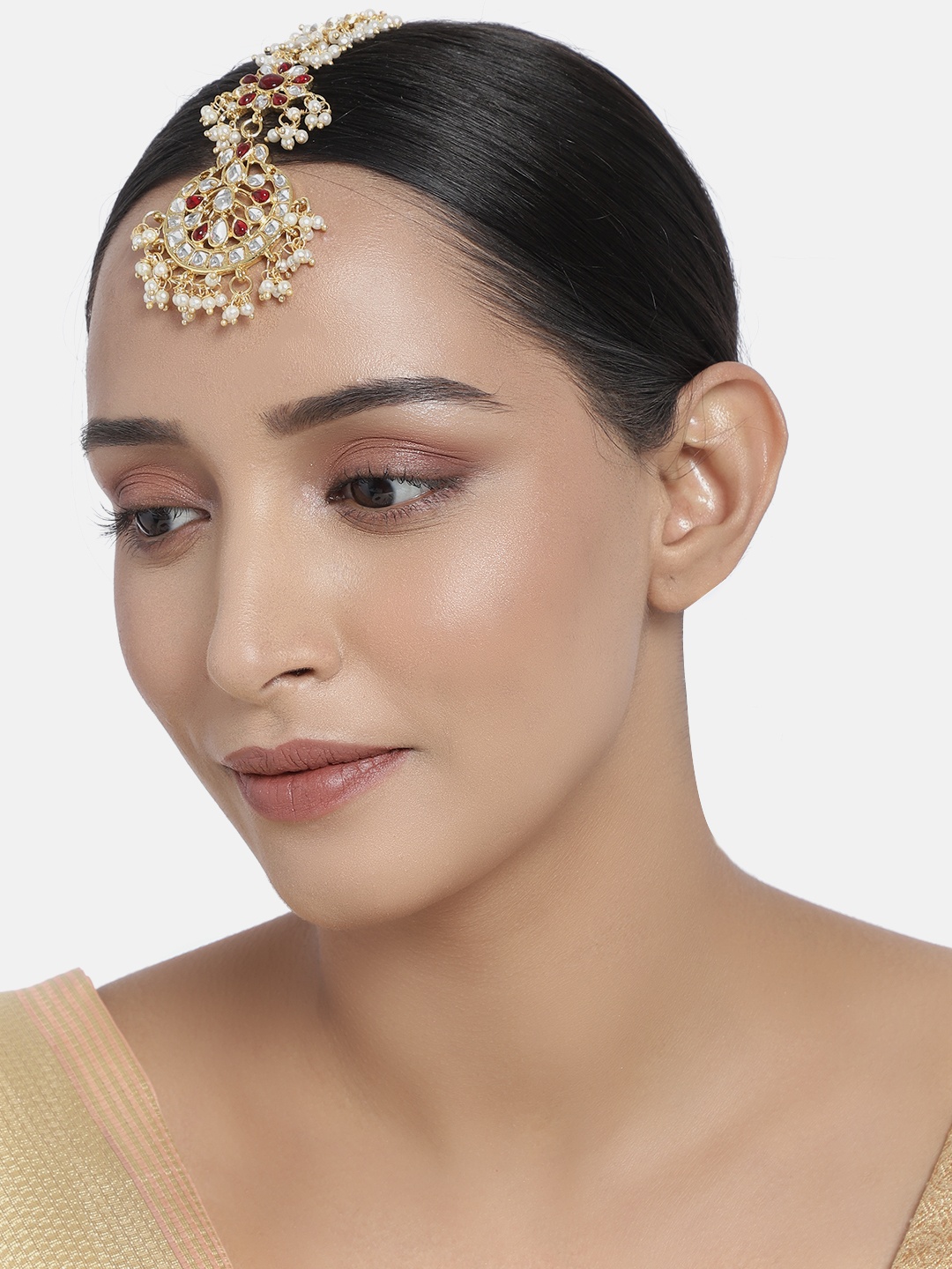 

I Jewels Gold-Plated & Maroon Kundan & Pearl Studded Handcrafted Maang Tika