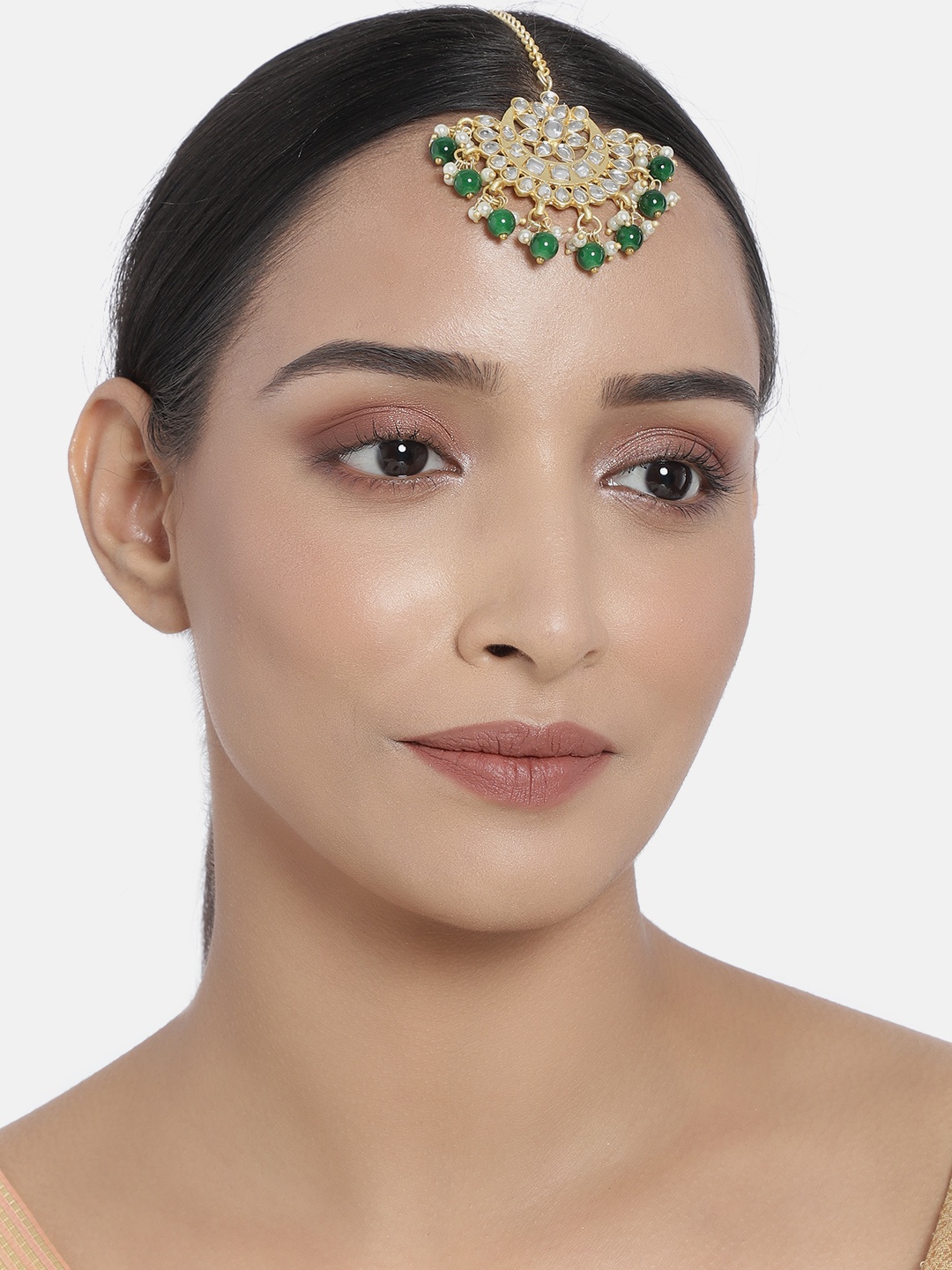 

I Jewels Green & White Gold-Plated Kundan-Studded Handcrafted Maangtikka