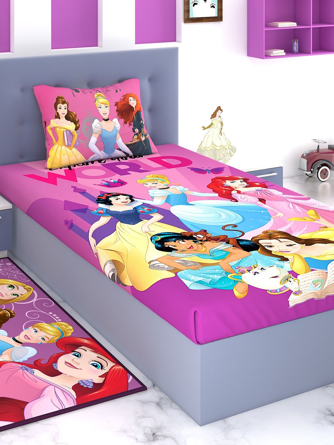 

Disney Purple & Blue Disney Princess 180 TC Cotton 1 Single Bedsheet with 1 Pillow Covers