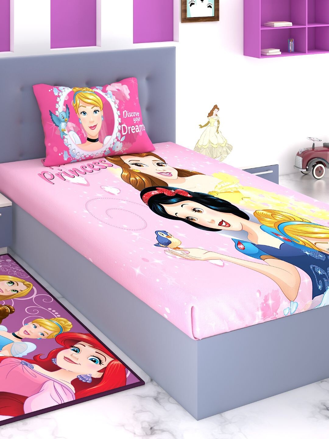 

Disney Pink & Blue Disney Princess 180 TC Cotton 1 Single Bedsheet with 1 Pillow Covers