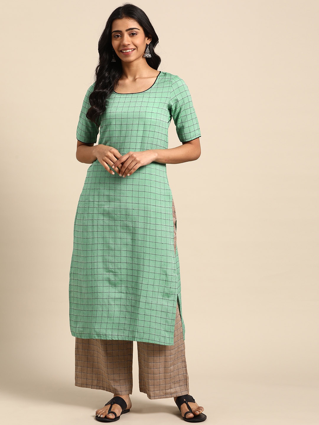 

DIVA WALK Women Green & Brown Checked Pure Cotton Kurta with Palazzos