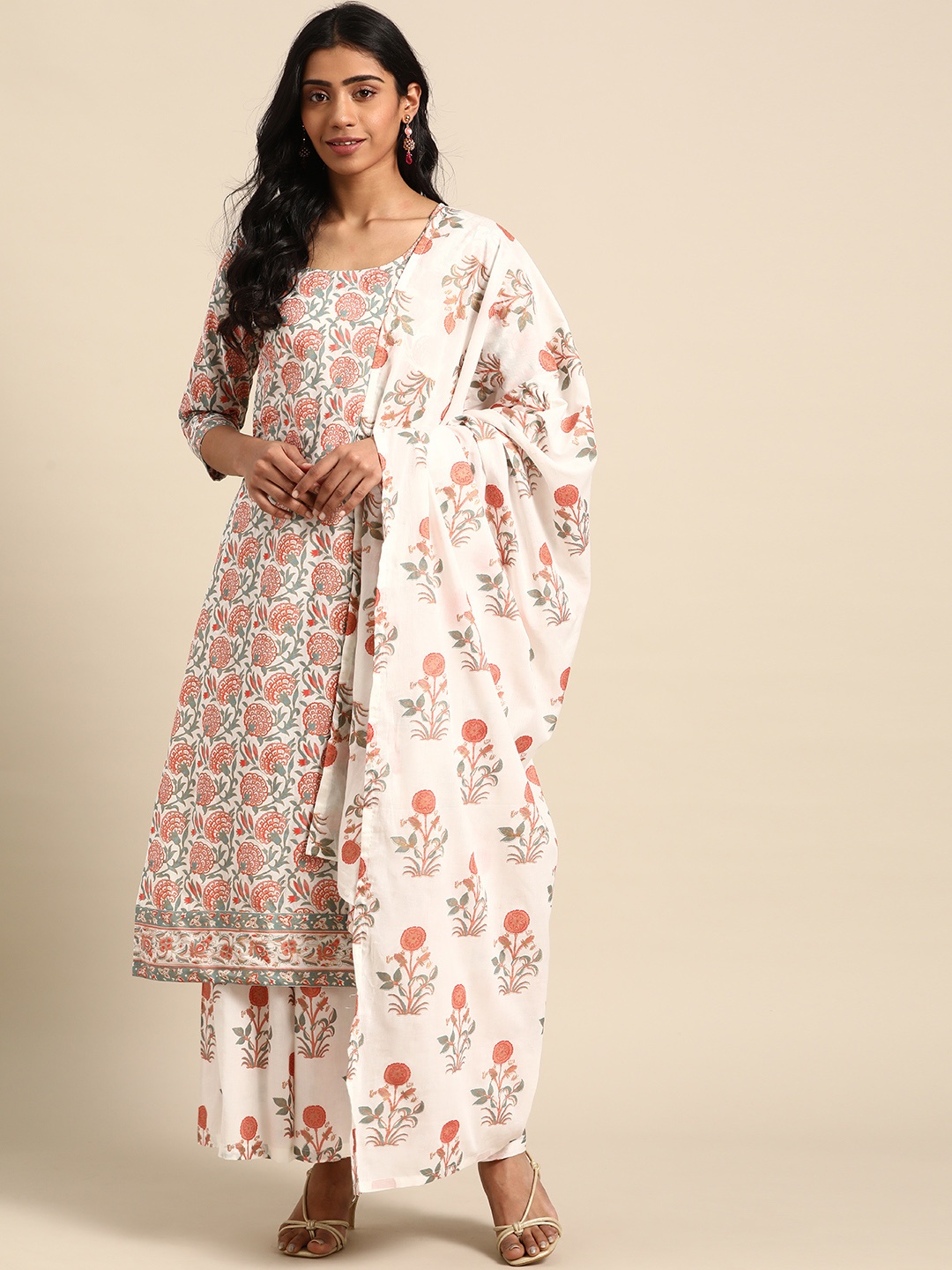 

DIVA WALK Women White & Orange Printed Pure Cotton Kurta with Palazzos & Dupatta