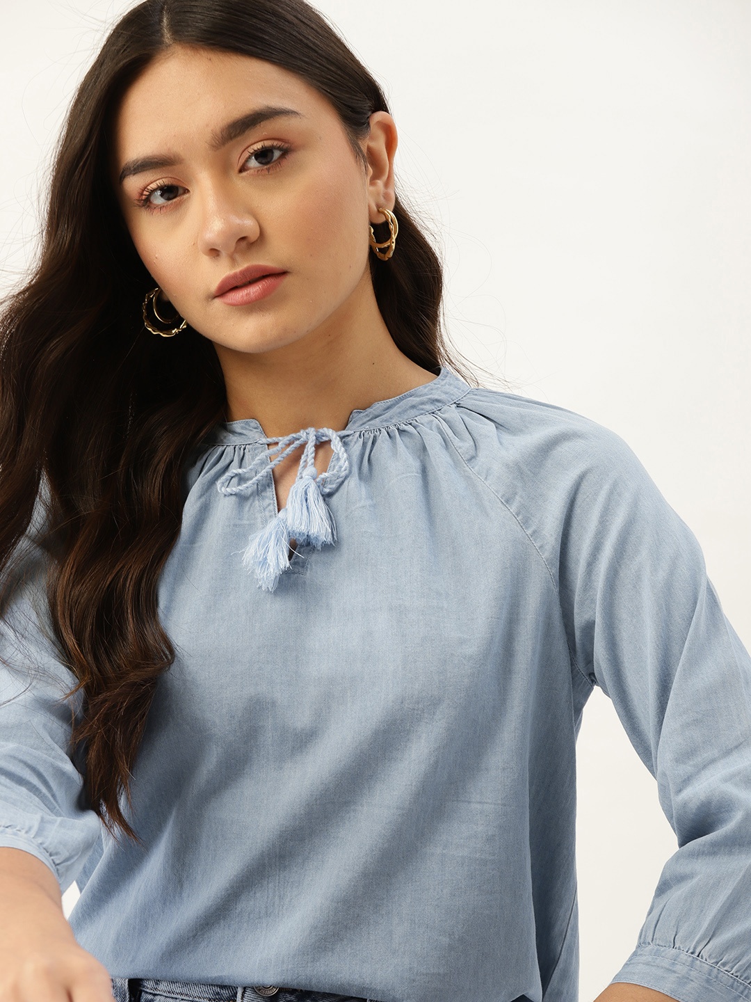 

DressBerry Blue Pure Cotton Tie-Up Neck Chambray Top