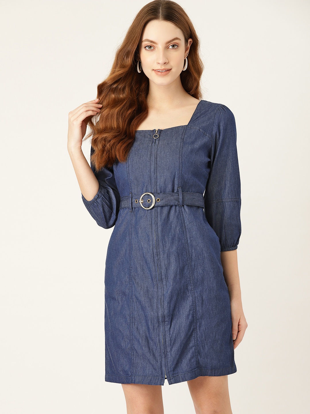 

DressBerry Navy Blue Pure Cotton Sheath Dress with Belt