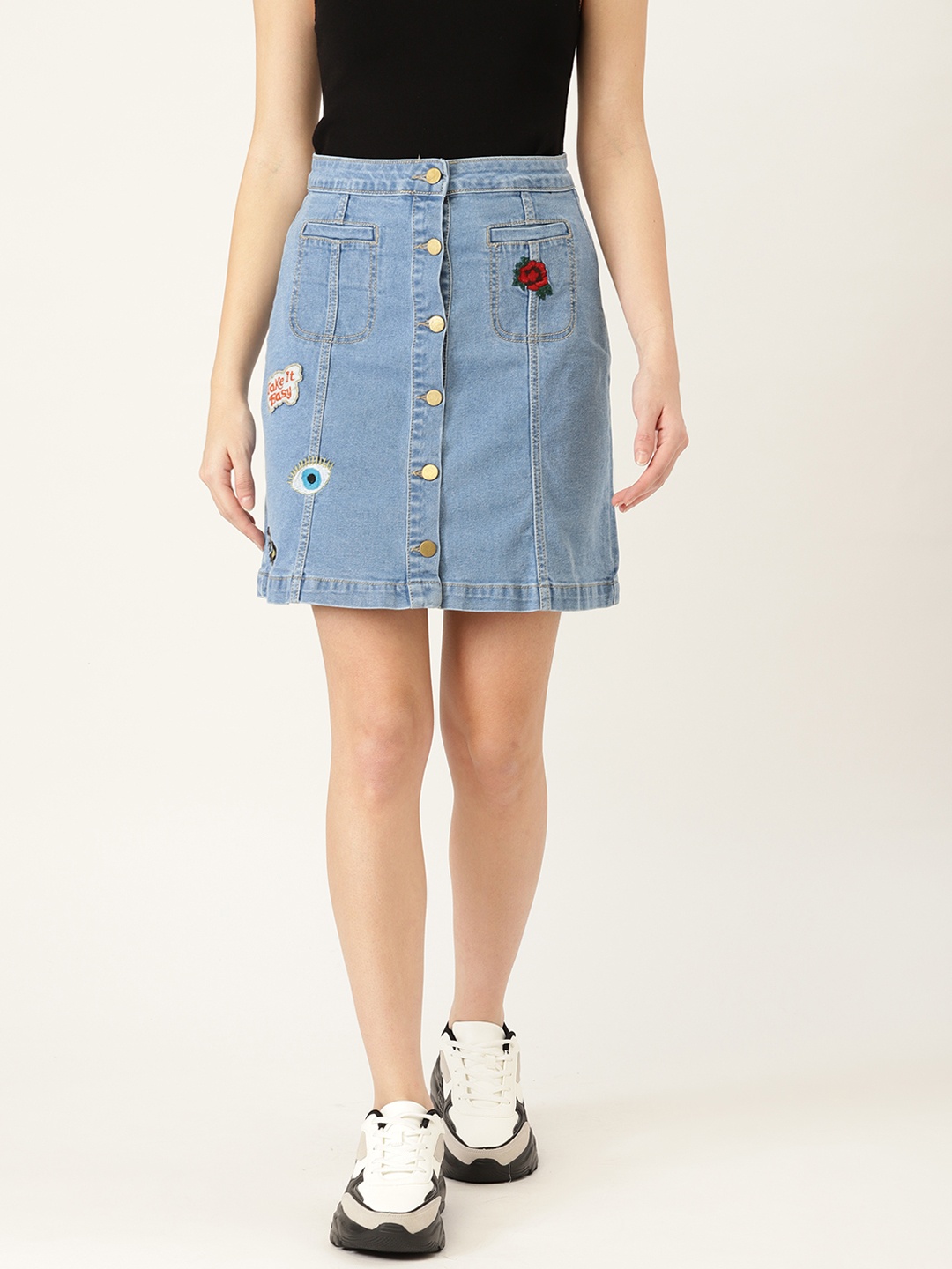 

DressBerry Women Blue Solid Denim Straight Skirt With Applique Detail