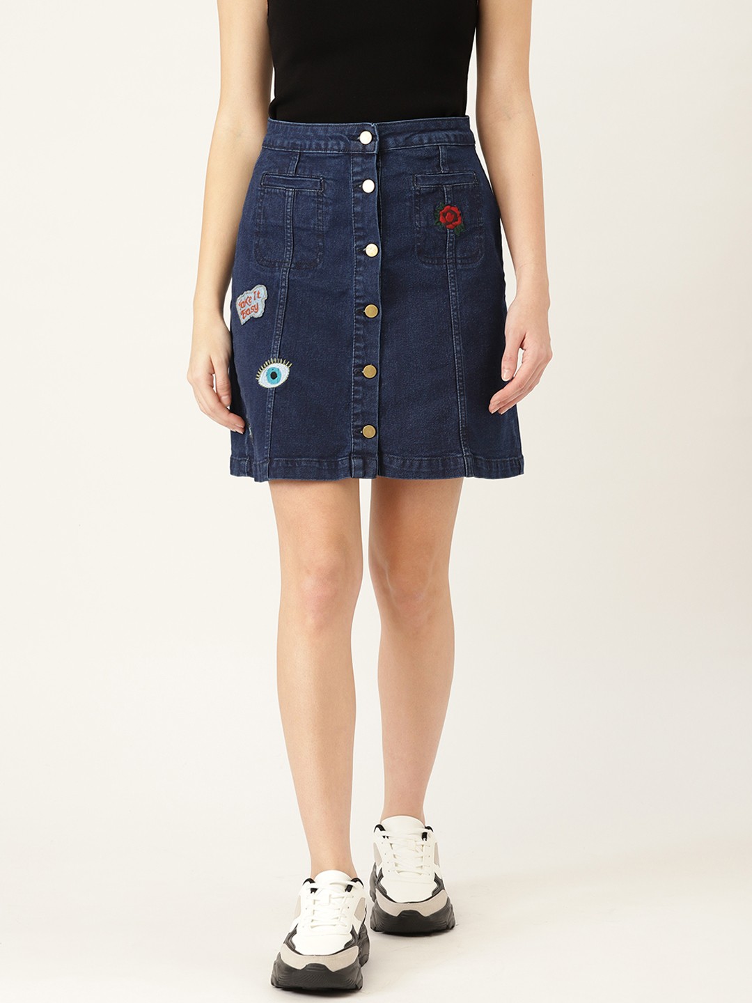 

DressBerry Women Navy Blue Solid Denim Straight Skirt With Applique Detail