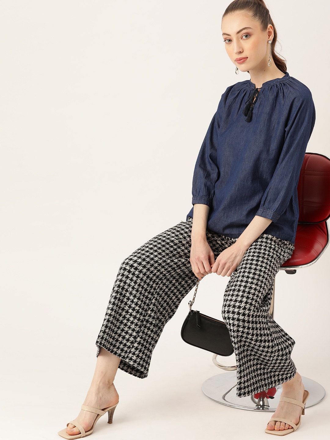 

DressBerry Navy Blue Solid Tie-Up Neck Chambray Pure Cotton Top