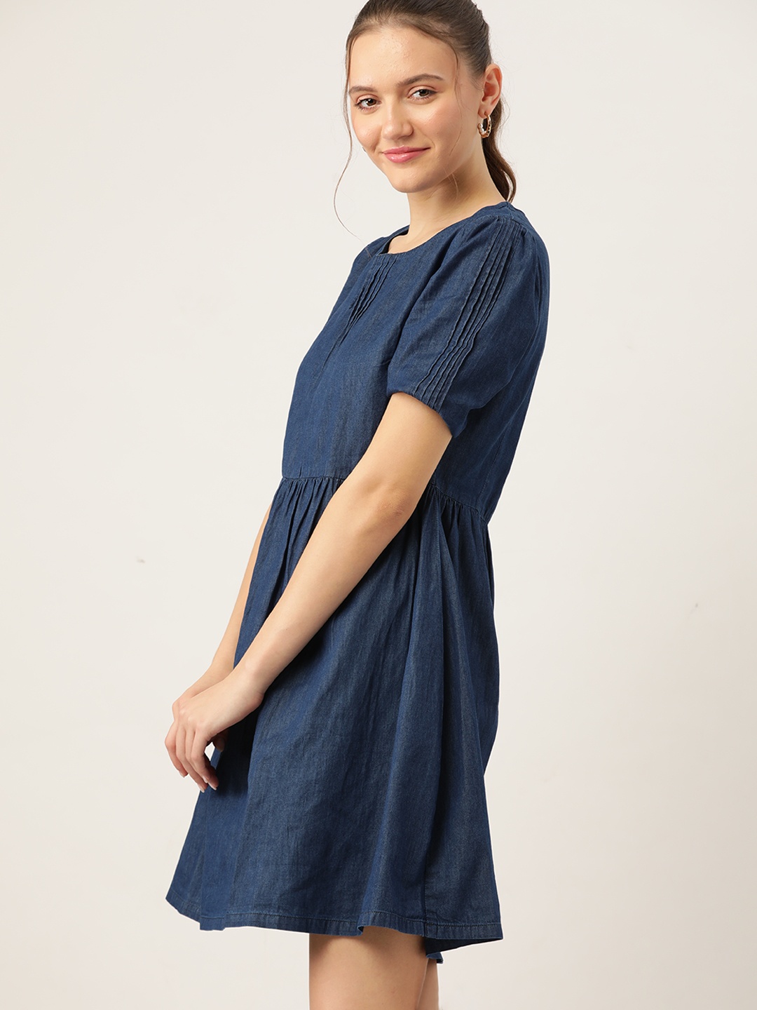 

DressBerry Navy Blue Pure Cotton Solid Denim A-Line Dress