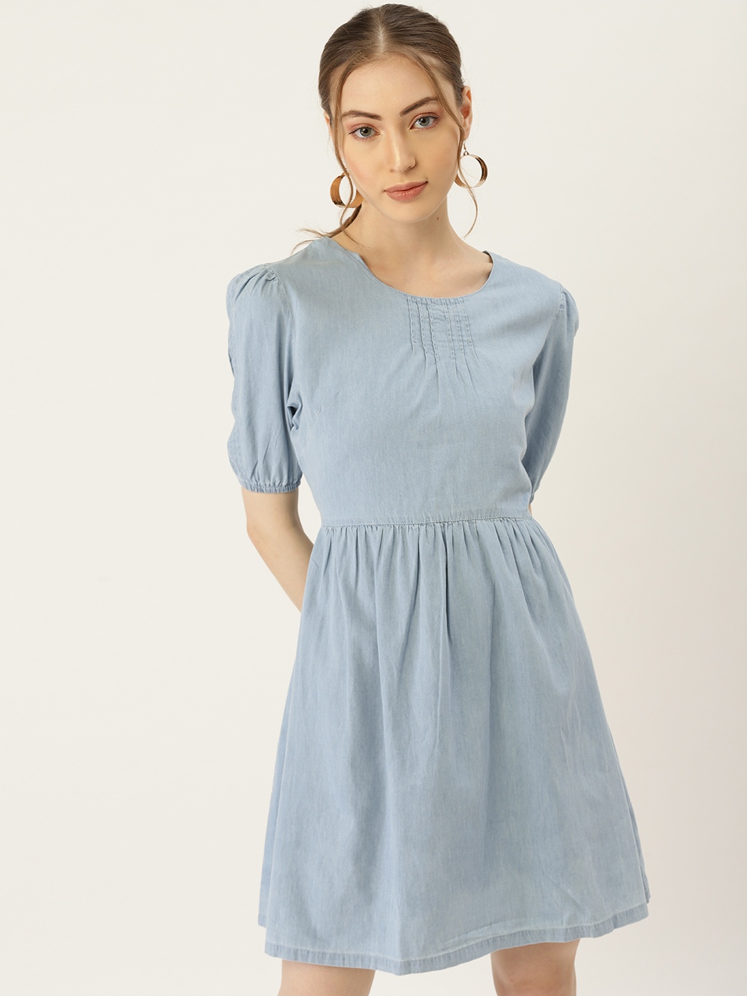 

DressBerry Blue Pure Cotton Chambray Solid PintuckS Detail A-Line Dress