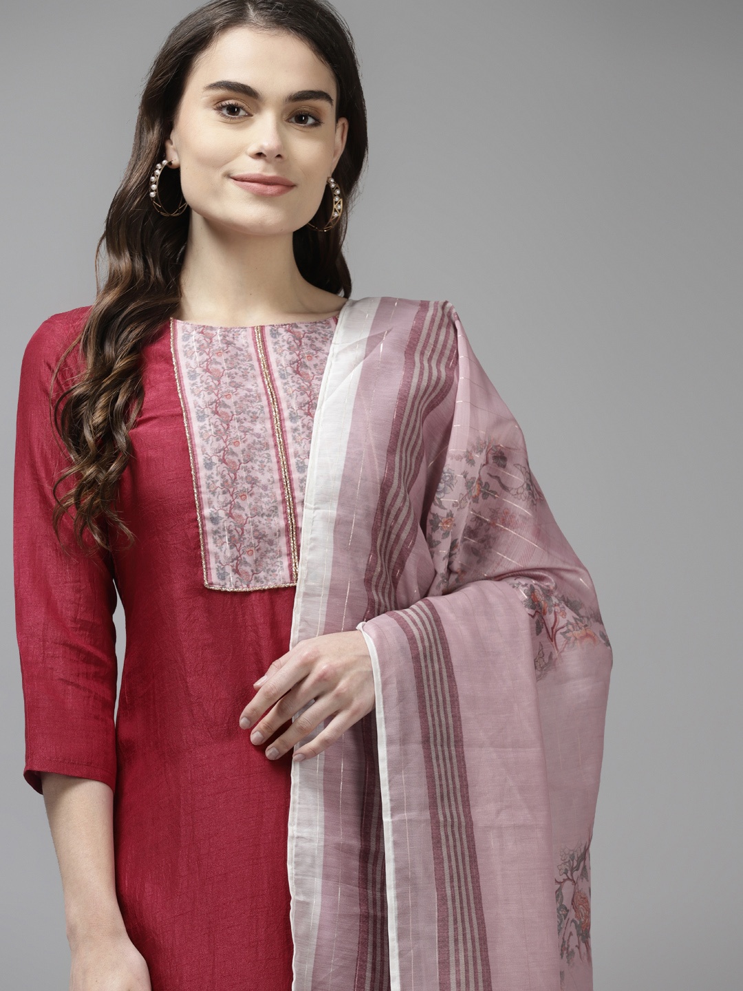 

Indo Era Women Burgundy & Pink Yoke Design Liva Kurta with Palazzos & Dupatta
