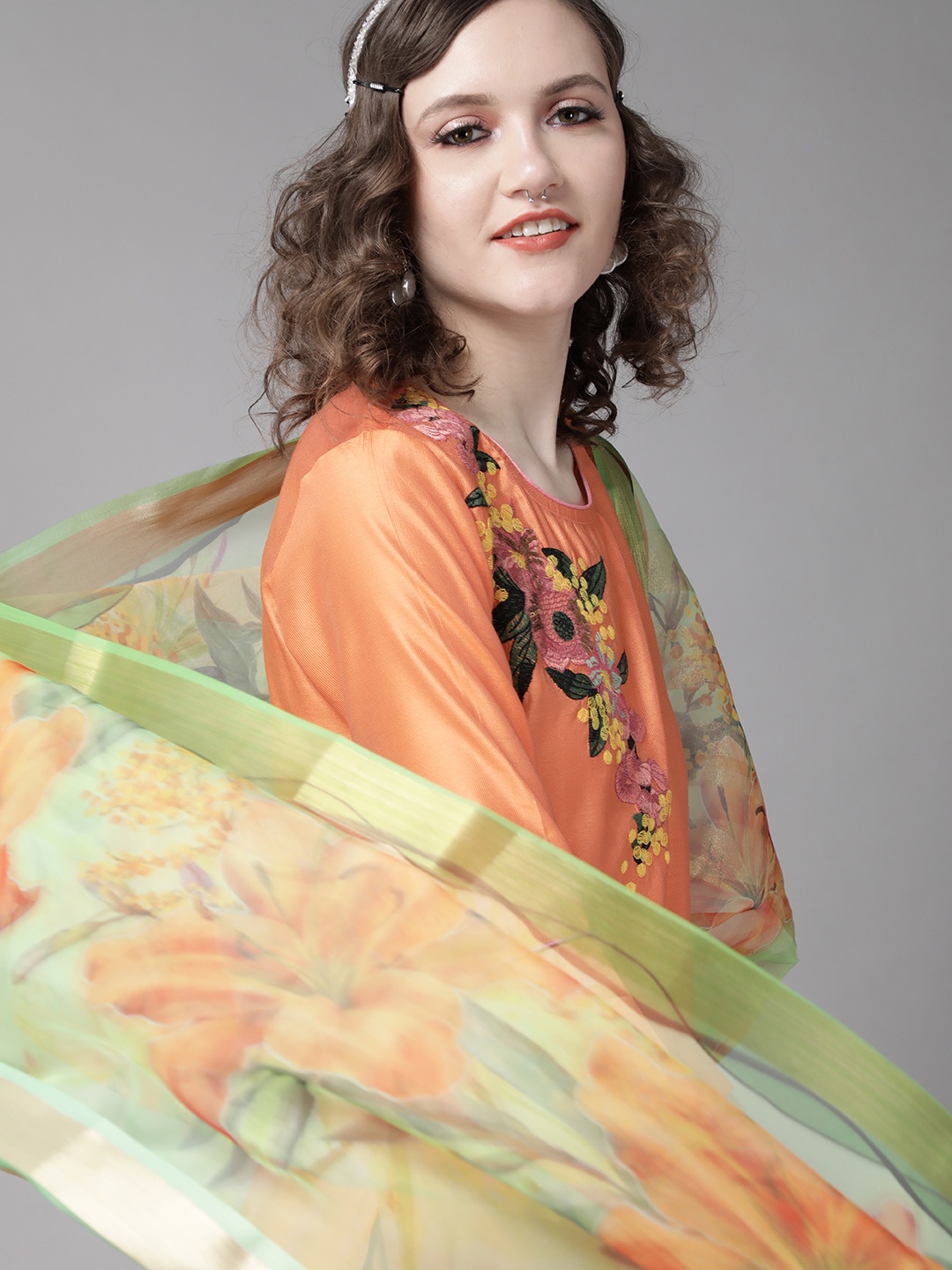 

Indo Era Orange and Green Romantic Floral Embroidered Kurta with Palazzos and Dupatta