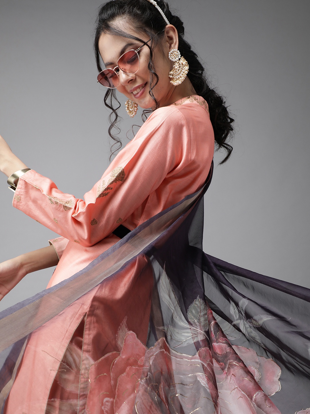 

Indo Era Peach-Coloured & Charcoal Grey Printed Kurta with Palazzos and Dupatta