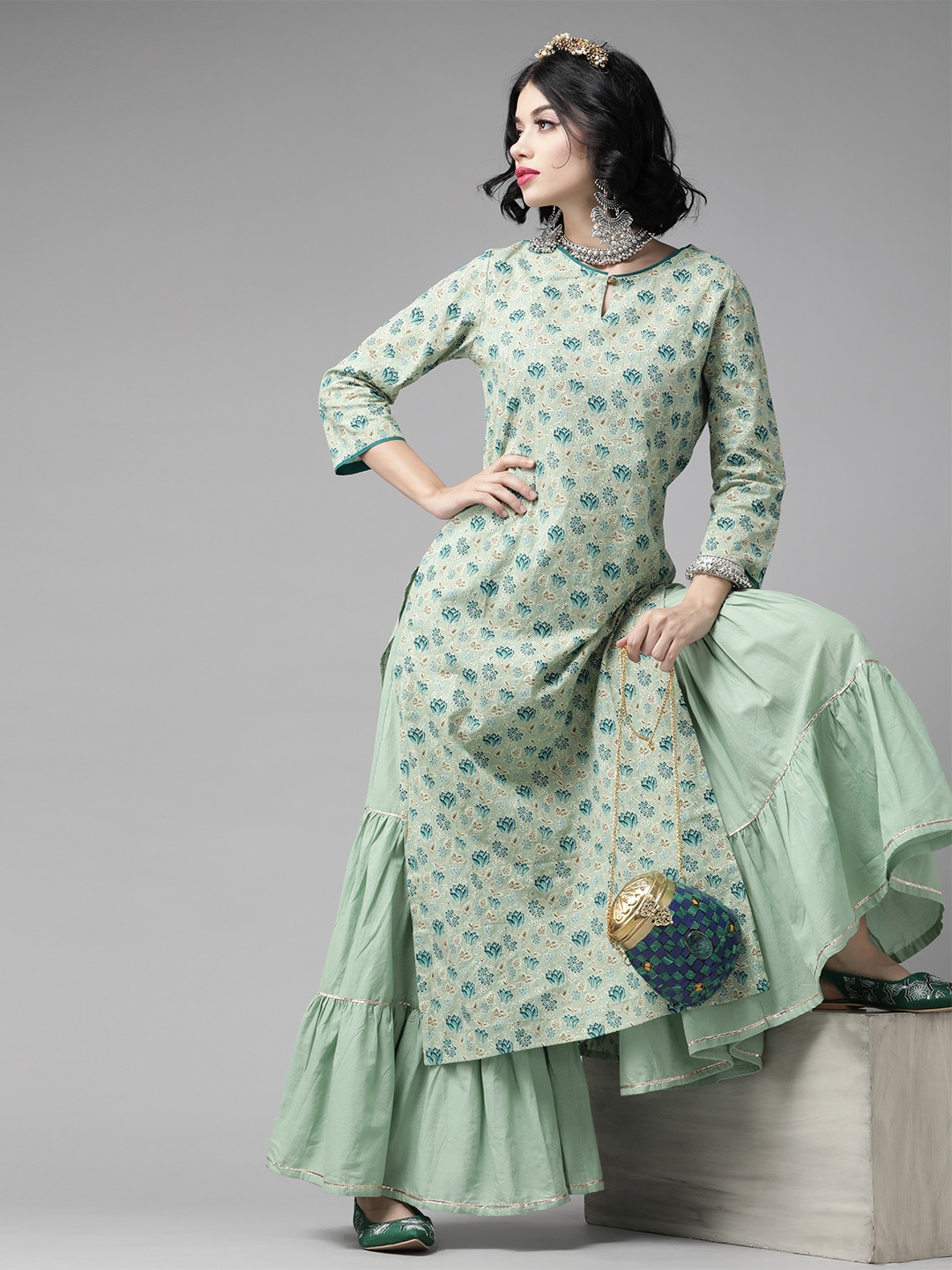 

Indo Era Green & Golden Romantic Floral Printed Kurta with Sharara