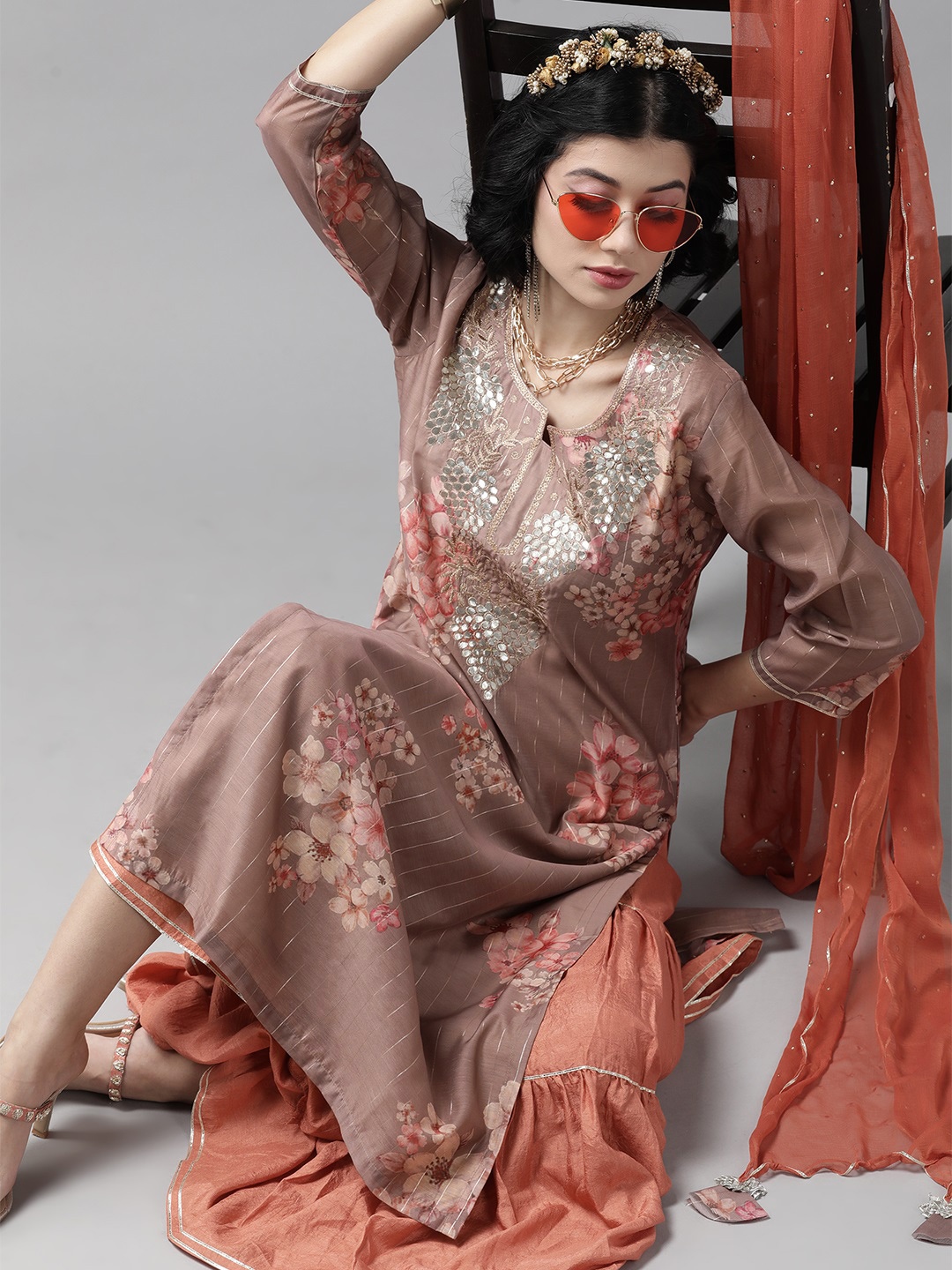 

Indo Era Mauve & Coral Orange Romantic Floral Printed Kurta with Sharara and Dupatta