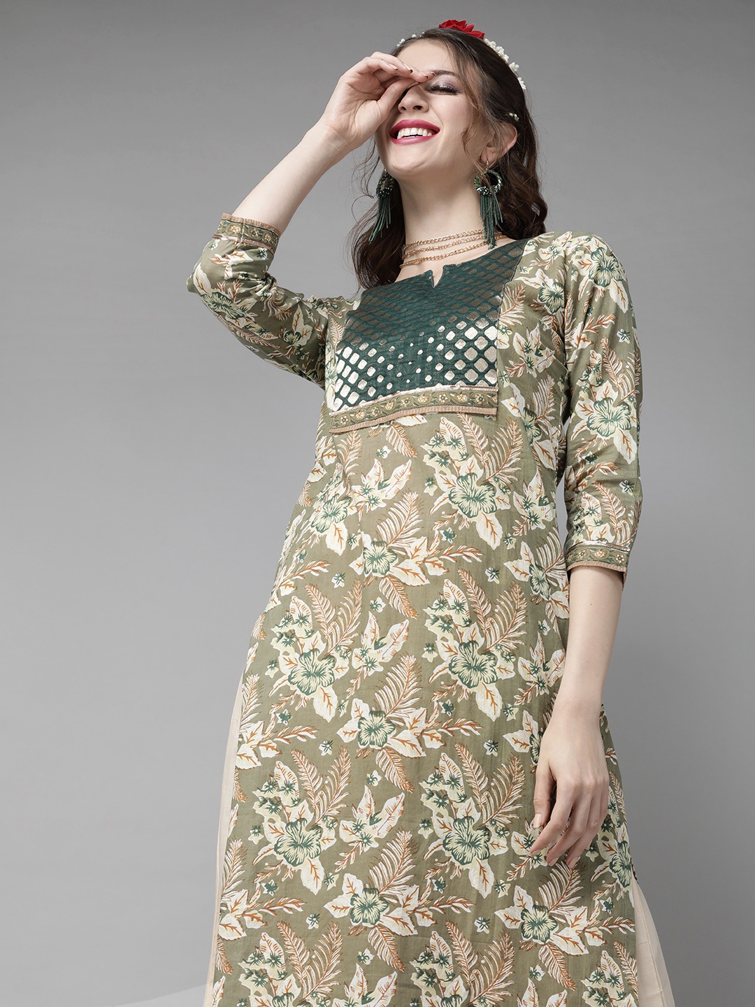 

Indo Era Olive Green & Cream-Coloured Romantic Floral Printed Kurta with Palazzos