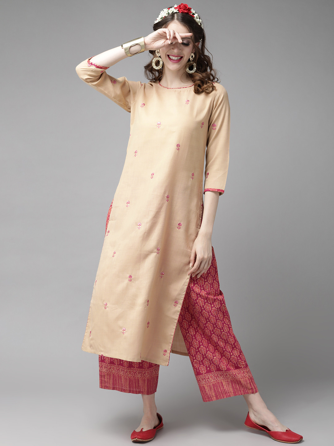 

Indo Era Beige & Rust Red Romantic Floral Embroidered Kurta with Palazzos