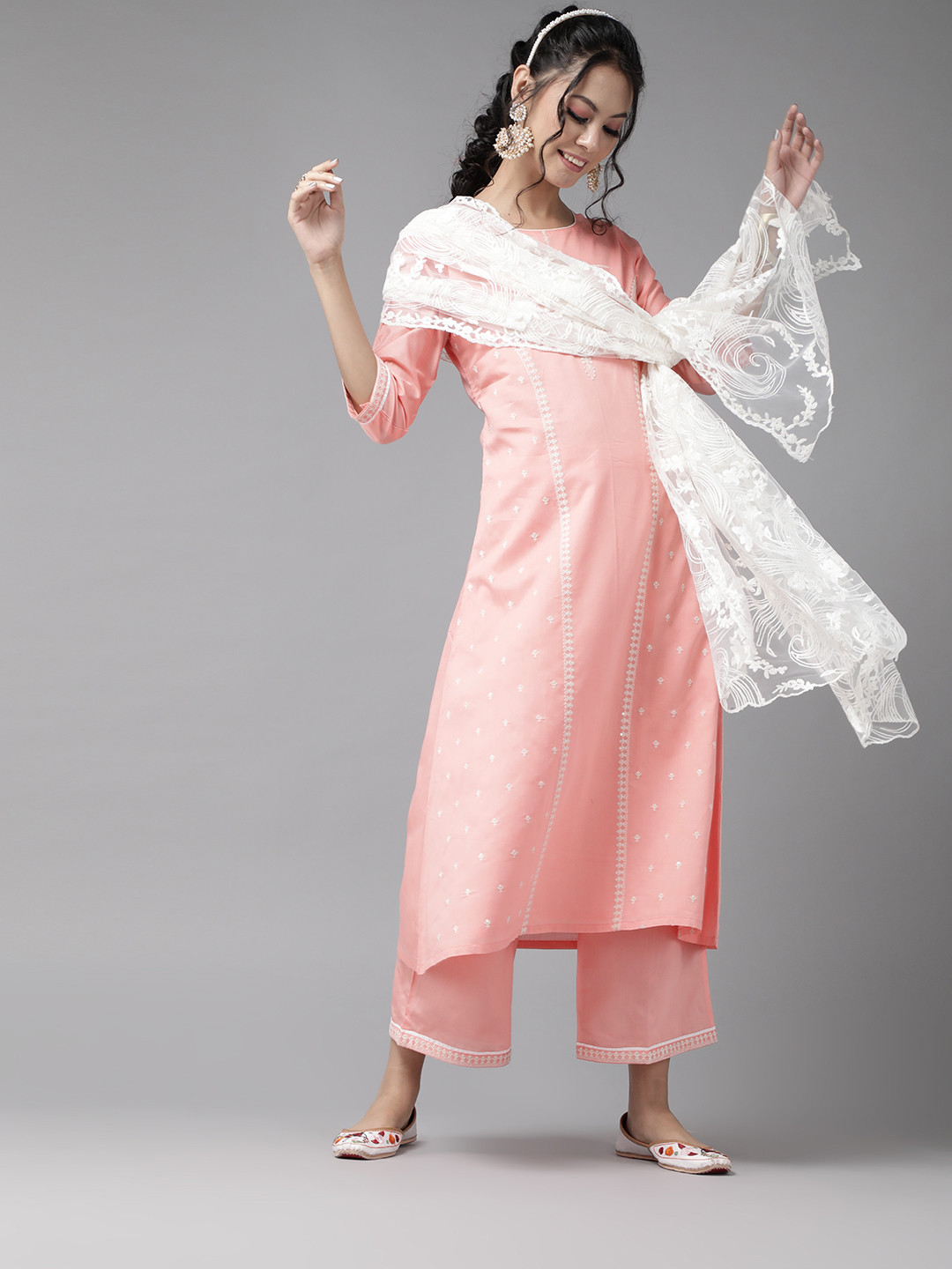 

Indo Era Peach and White Romantic Floral Block Printed Kurta Set with Embroidered Dupatta