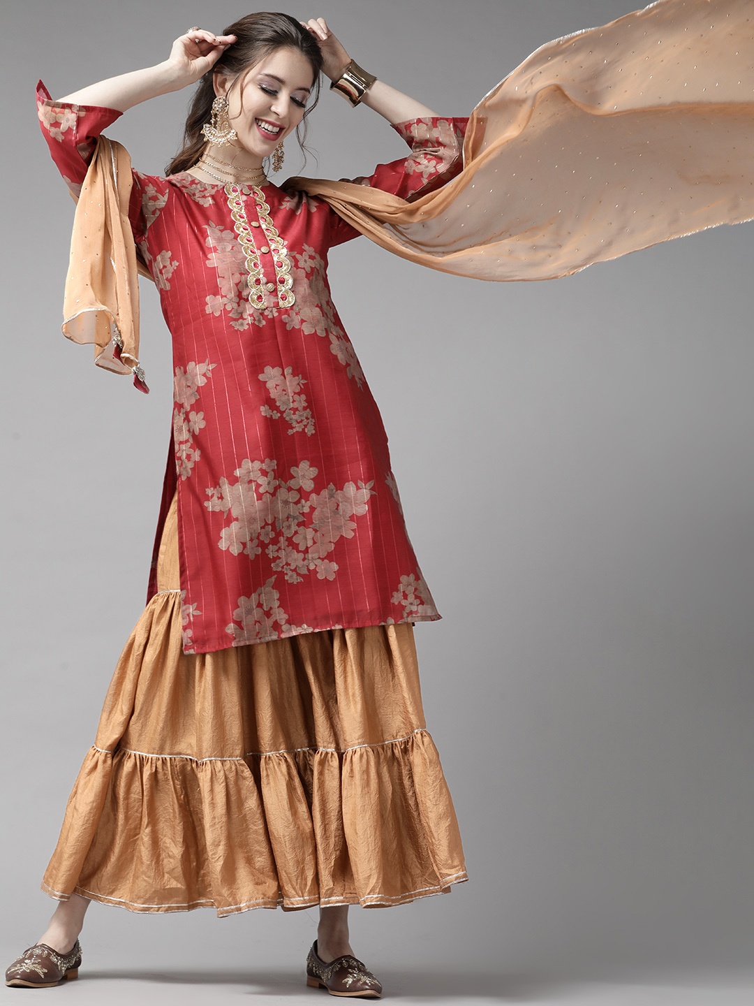 

Indo Era Red & Beige Romantic Floral Printed Kurta with Sharara and Dupatta