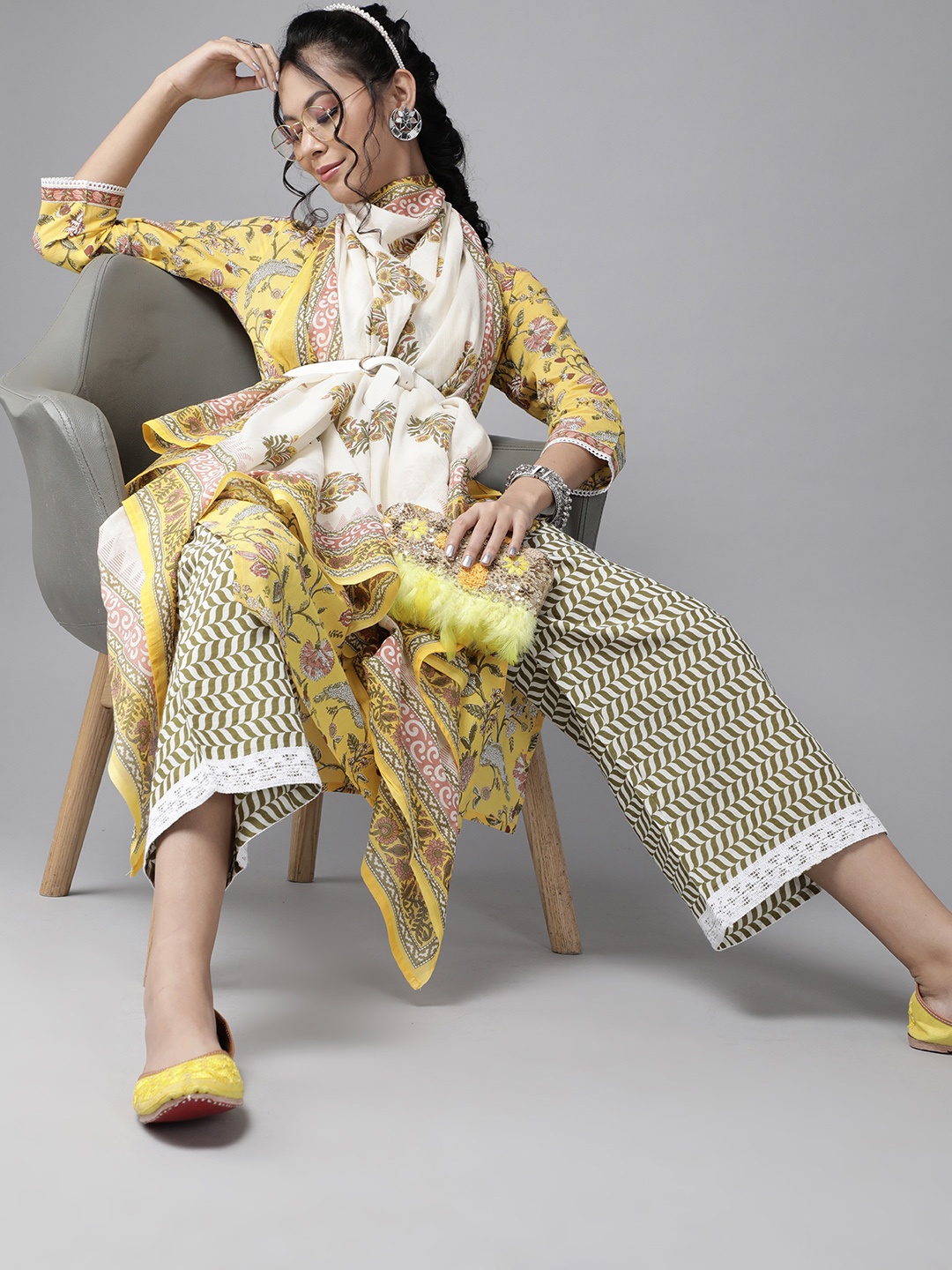 

Indo Era Yellow & White Romantic Floral Printed Kurta with Palazzos and Dupatta