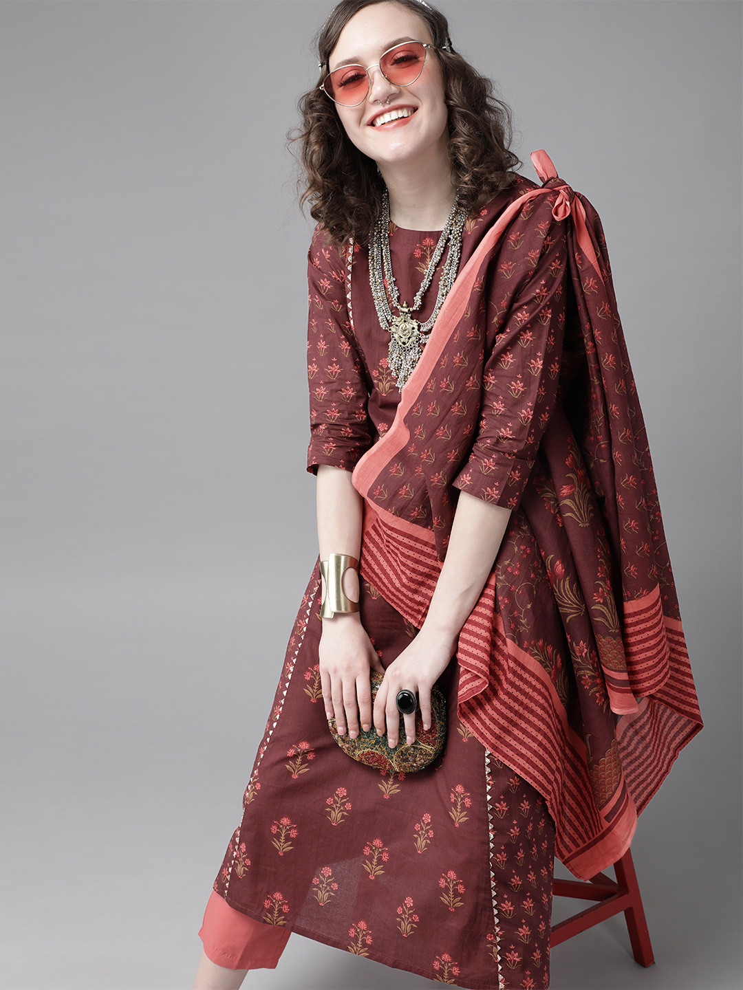 

Indo Era Maroon and Peach Romantic Floral Screen Printed Kurta with Trousers and Dupatta