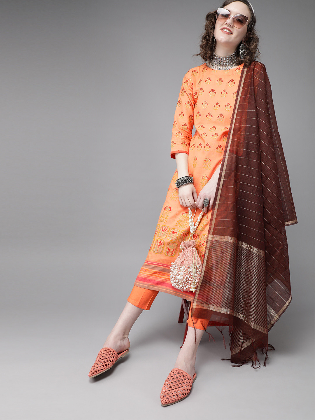 

Indo Era Orange & Maroon Romantic Floral Foil Print Kurta with Trousers and Dupatta