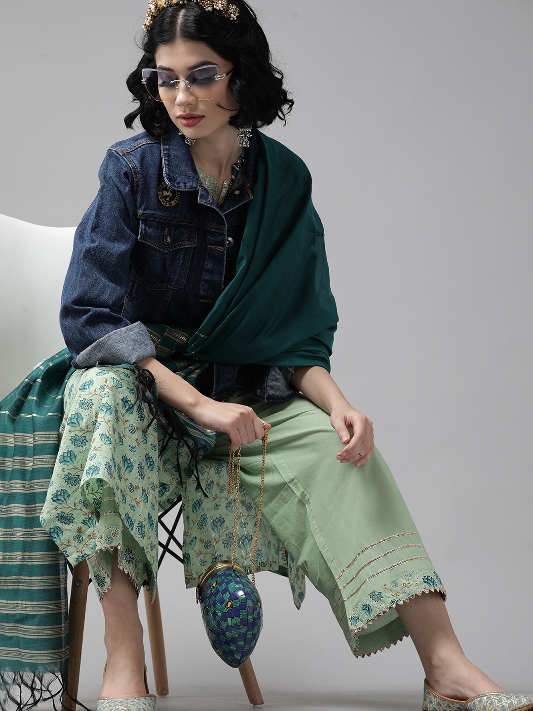 

Indo Era Green & Blue Romantic Floral Printed Kurta with Palazzos and Dupatta
