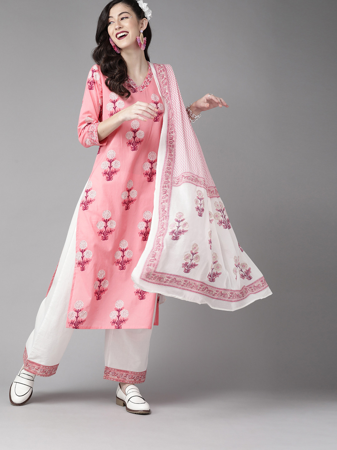

Indo Era Women Pink & White Motifs Print Thread Work Cotton Kurta with Palazzos & Dupatta