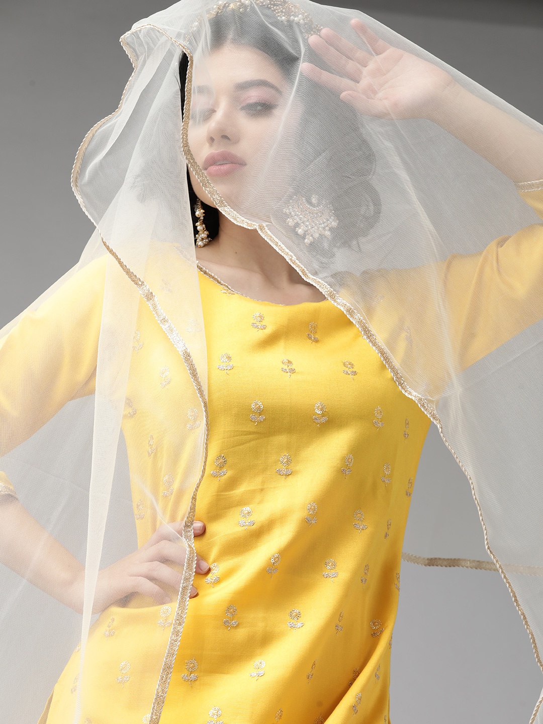 

Indo Era Yellow & White Embroidered Kurta with Palazzos and Dupatta