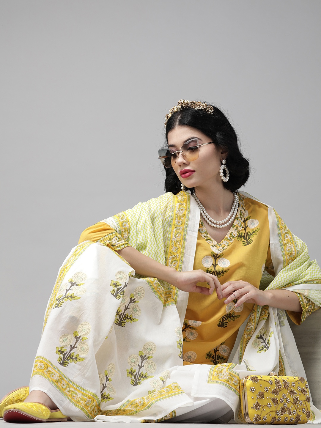 

Indo Era Yellow & White Romantic Floral Printed Kurta with Palazzos and Dupatta