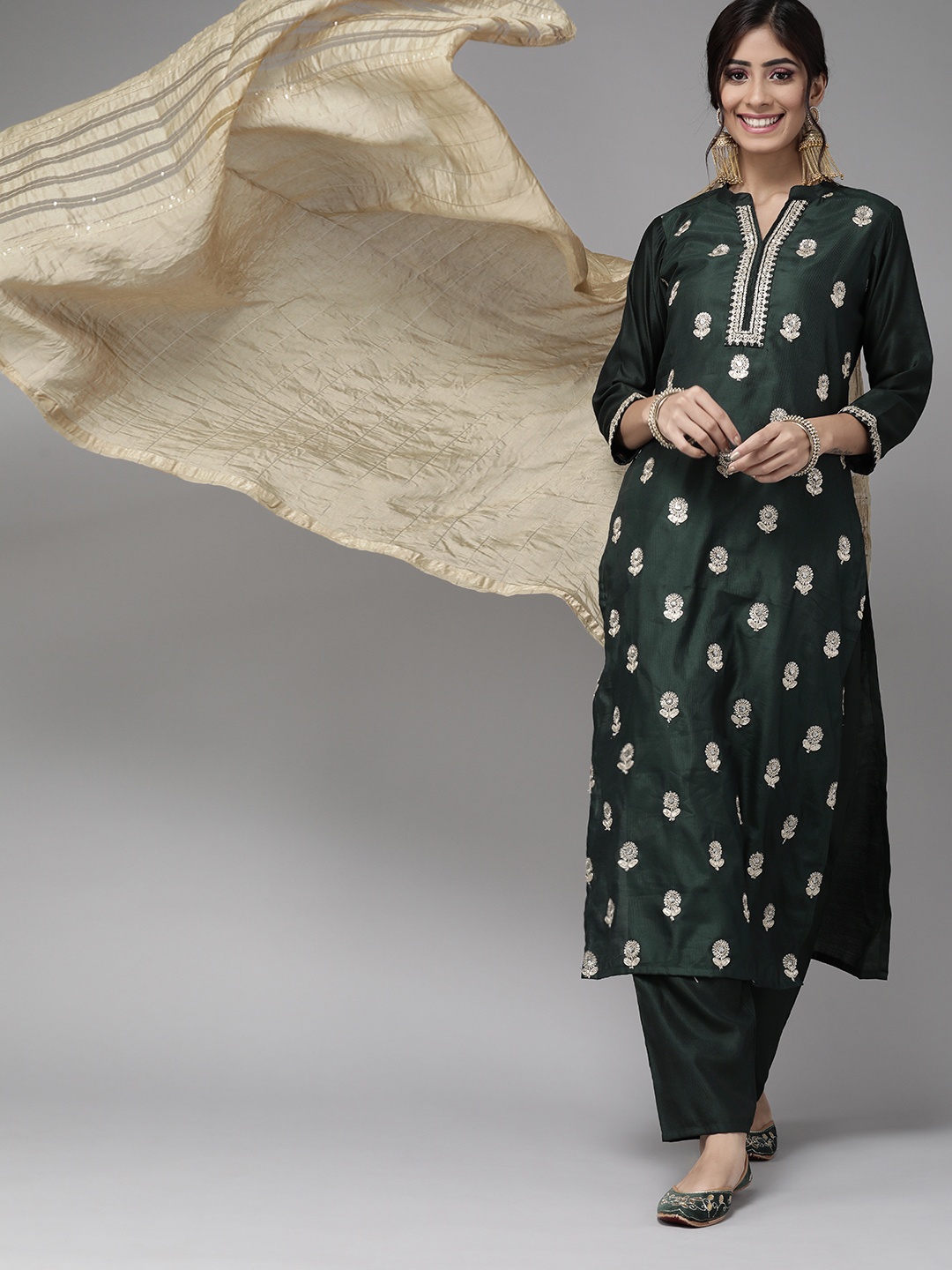 Indo Era Enchanting Green And Gold Embroidered Kurta Set