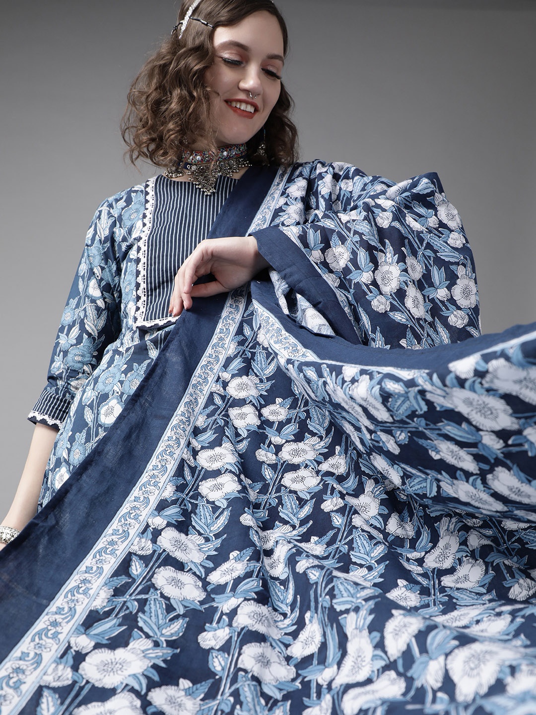 

Indo Era Women Blue & White Printed Kurta with Palazzos & Dupatta