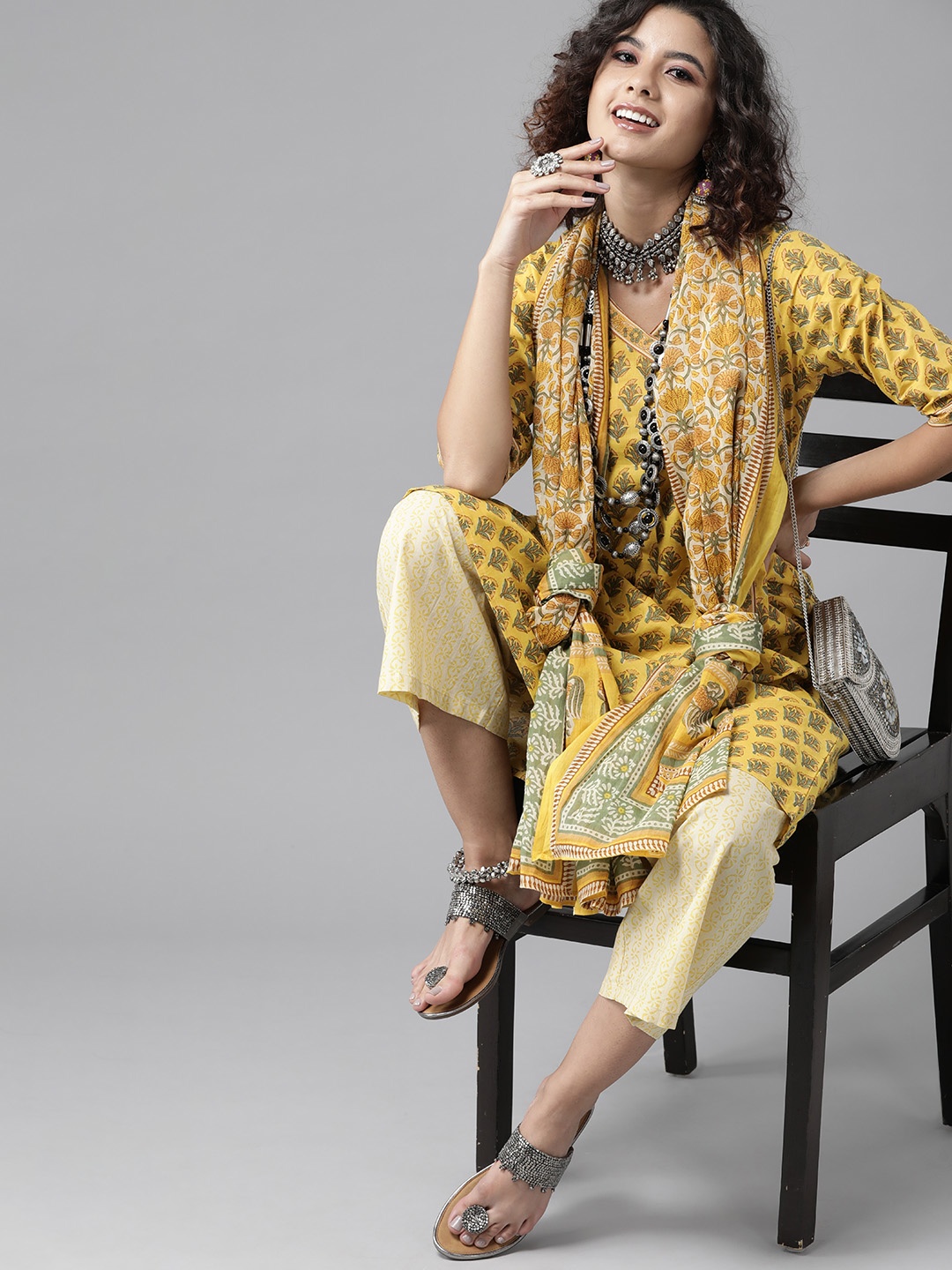 

Indo Era Creamy Mustard Printed Kurta Set