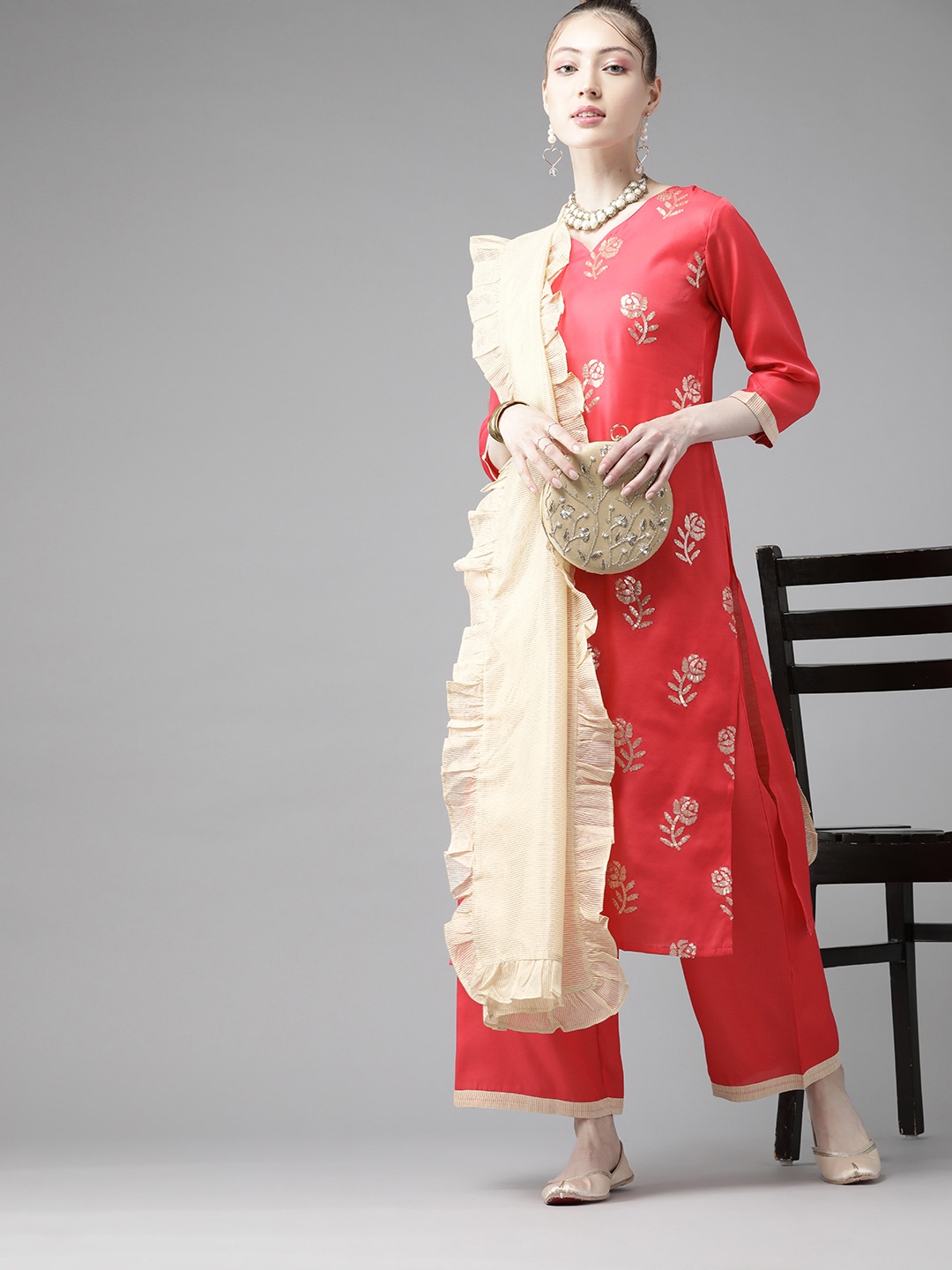 

Indo Era Women Pink Embroidered Kurta with Palazzos & Dupatta