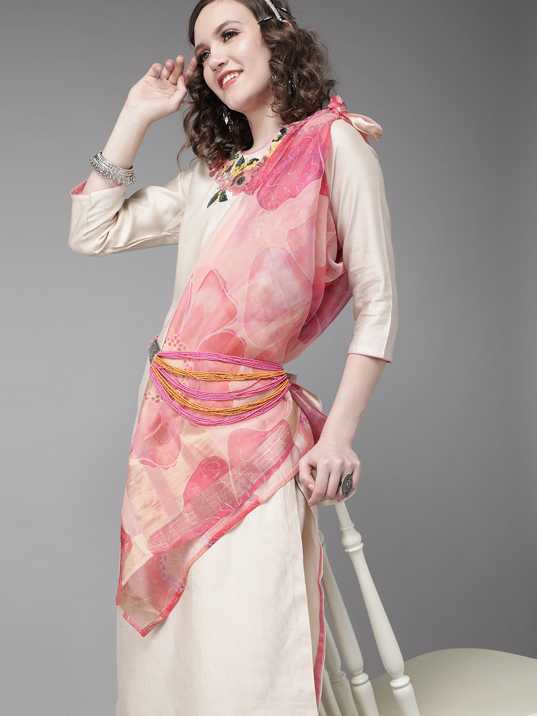 

Indo Era Women Cream-Coloured & Pink Floral Embroidery Yoke Kurta with Palazzos & Dupatta