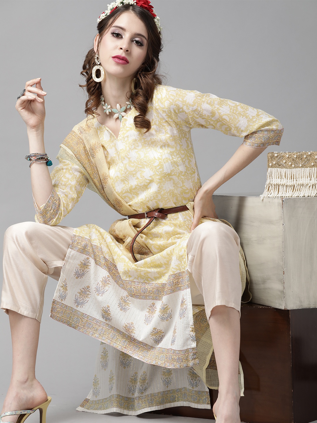 

Indo Era Women Yellow & White Printed Pure Cotton Kurta with Palazzos & Dupatta