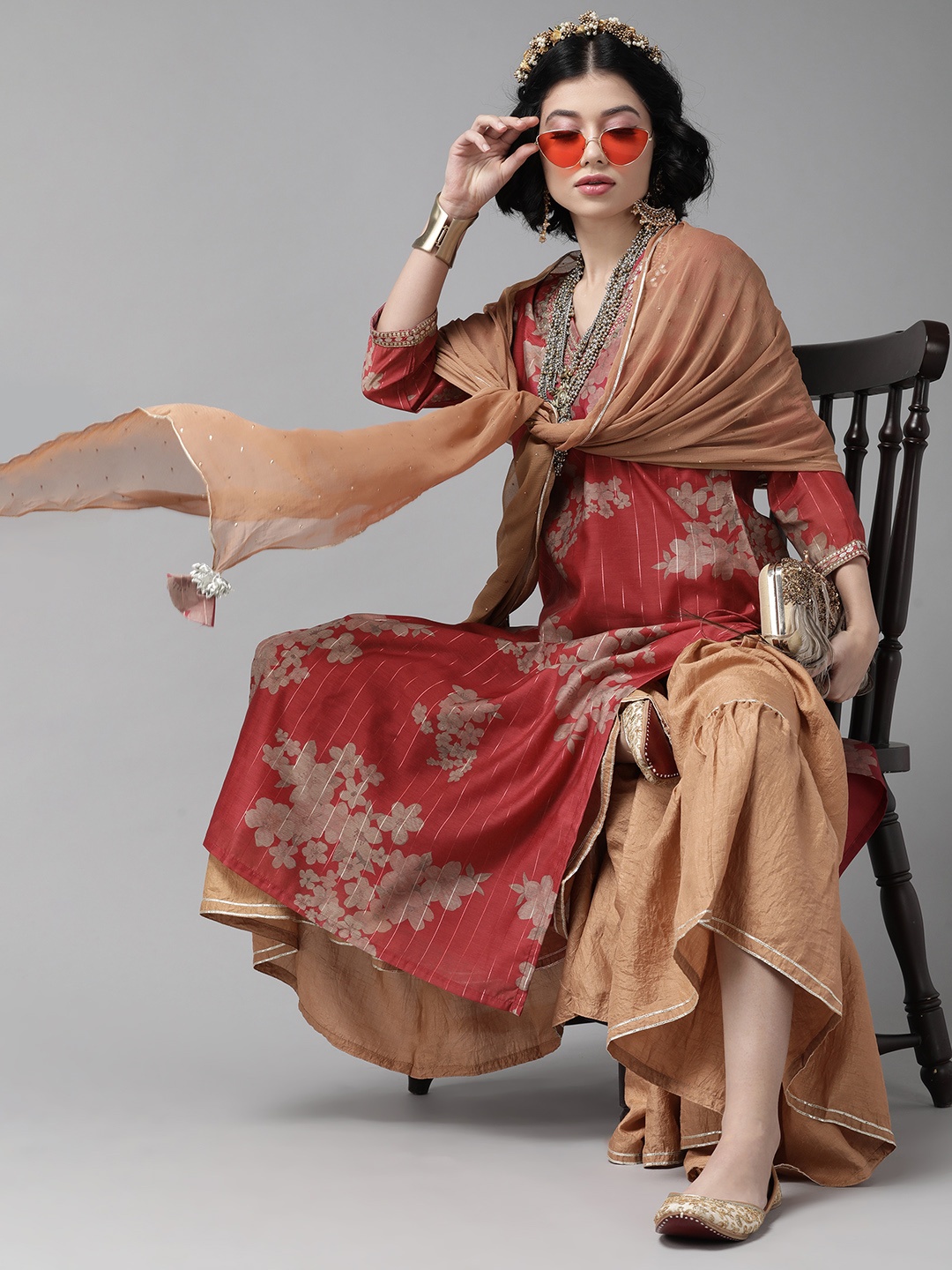 

Indo Era Women Red & Beige Printed Kurta with Sharara & Dupatta