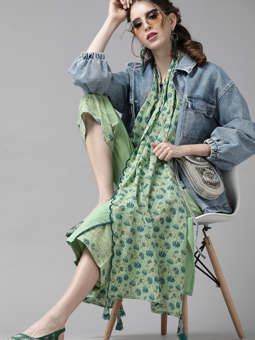 

Indo Era Women Green & Blue Striped Kurta with Palazzos & Dupatta